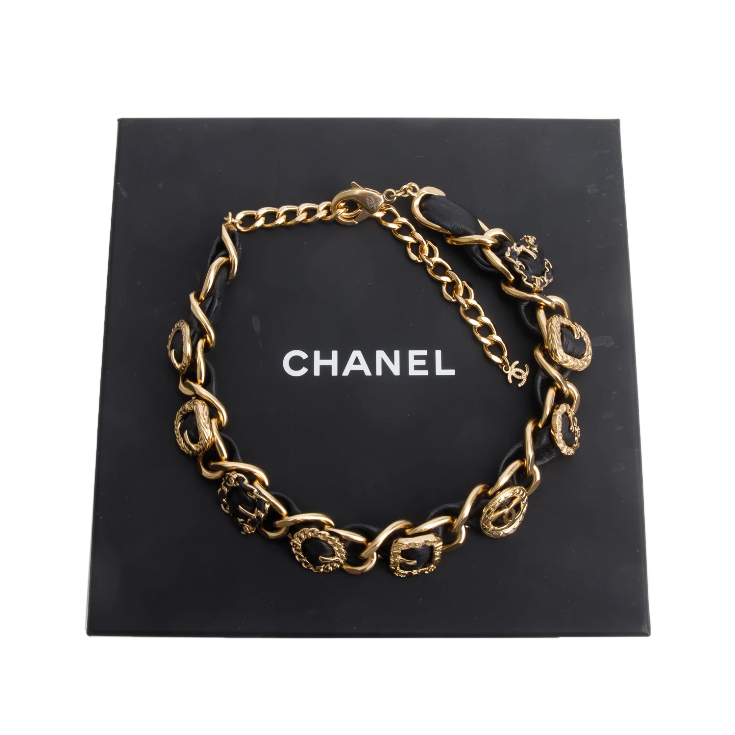 Chanel 2024 Gold Plated Leather Buckle Accent CC Choker Necklace w/ Box - Image 3