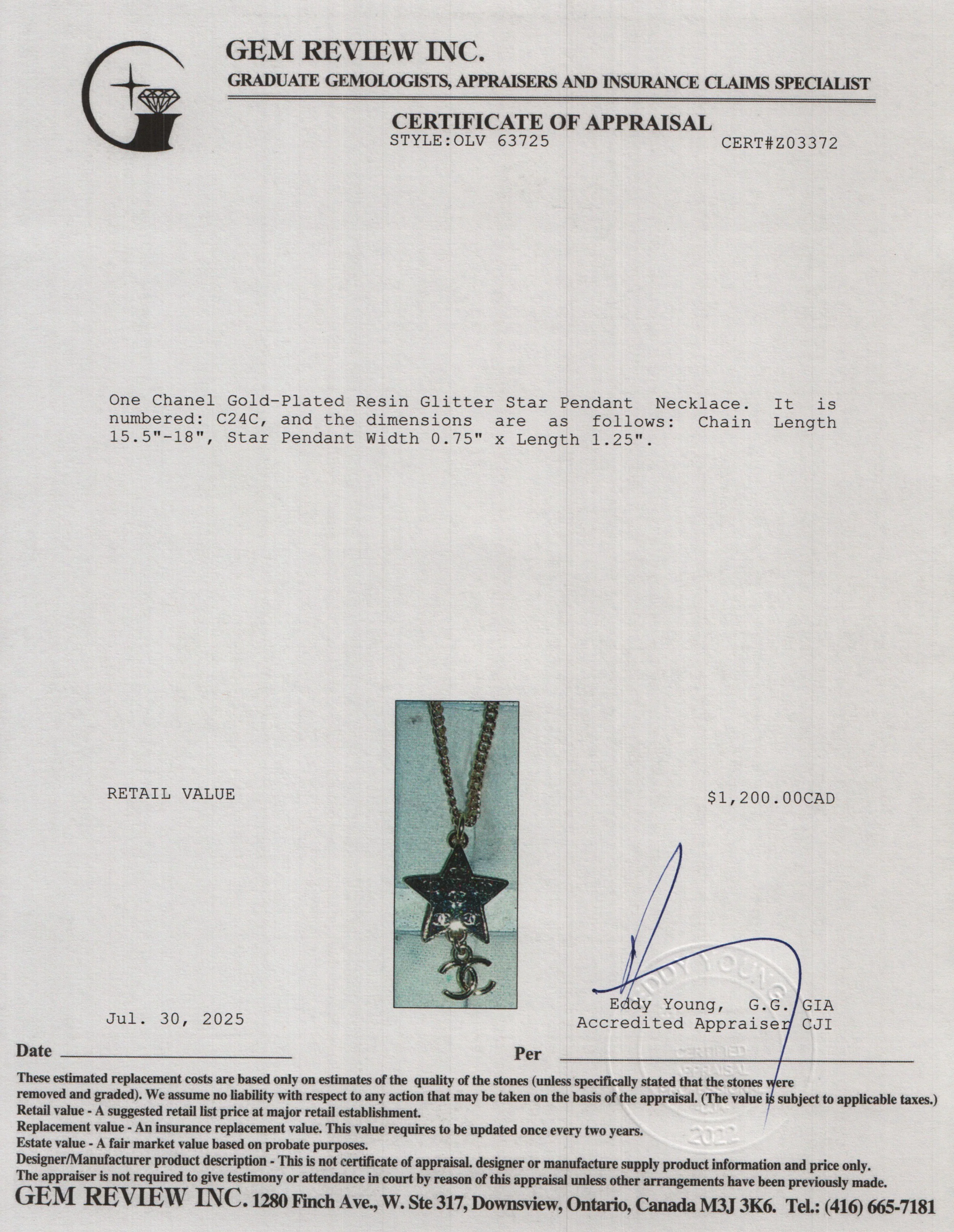 Chanel 2024 Gold-Plated Resin Glitter Star Pendant Necklace w/ Box & Receipt - Image 4