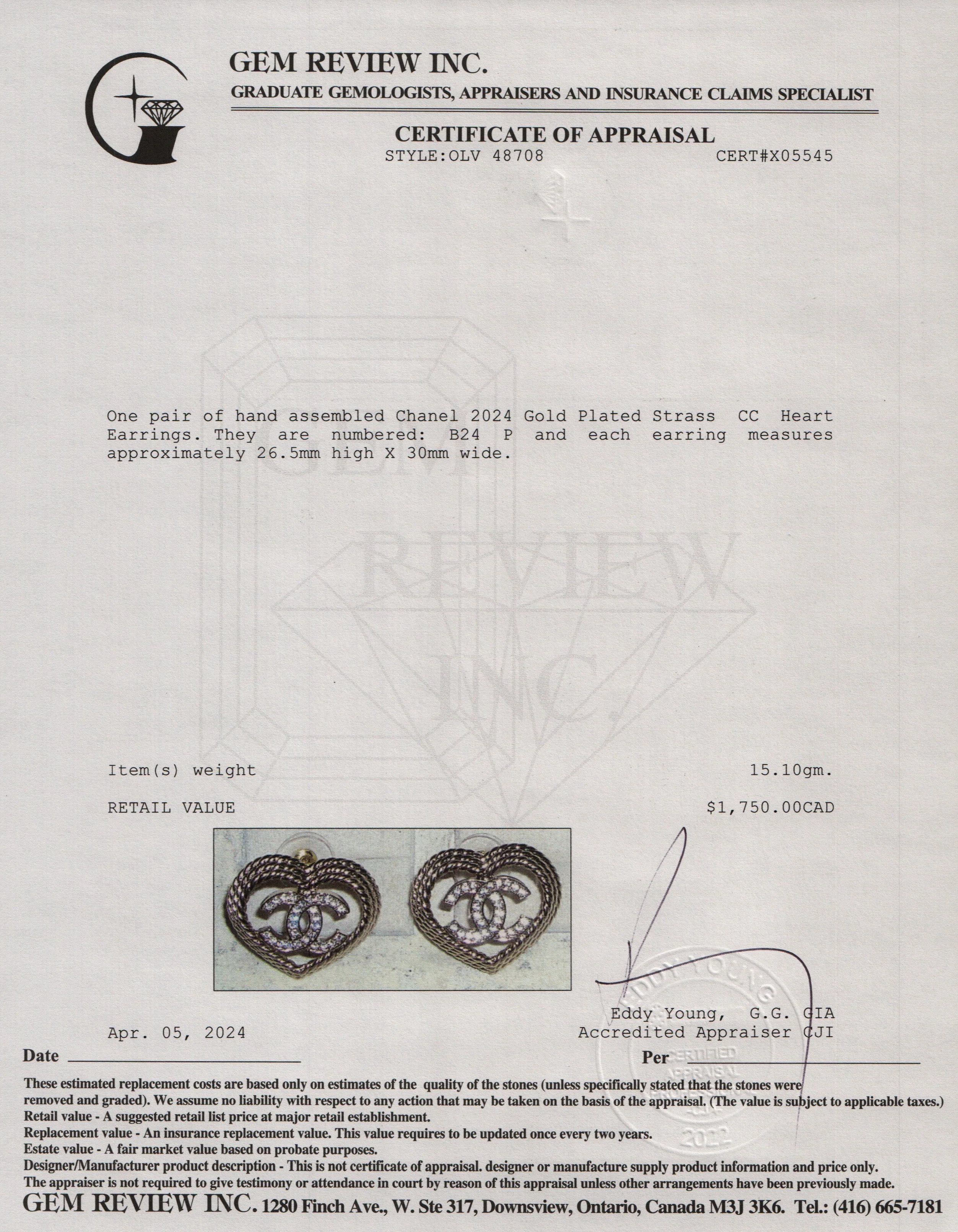 Chanel 2024 Gold Plated Strass CC Heart Earrings w/ Box - Image 6