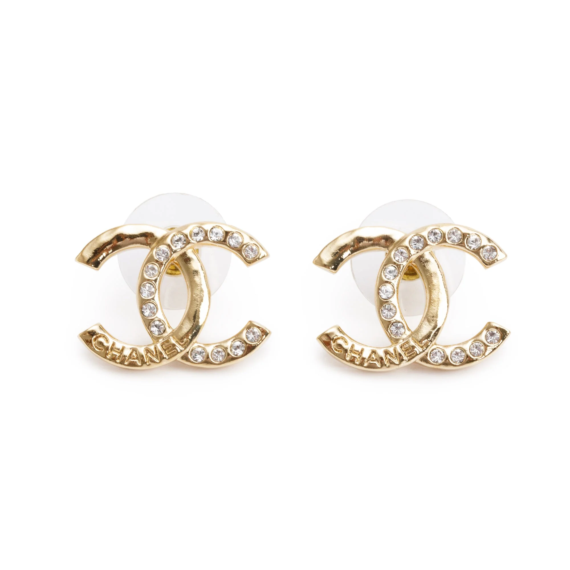 Chanel 2024 Gold Plated Strass CC Stud Earrings w/ Box