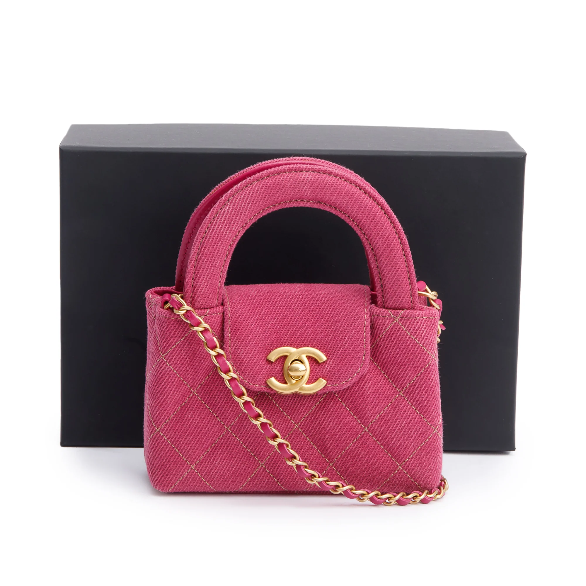 Chanel 2024 Pink Quilted Denim Nano Kelly Crossbody Bag w/ Box & Receipt - Image 3