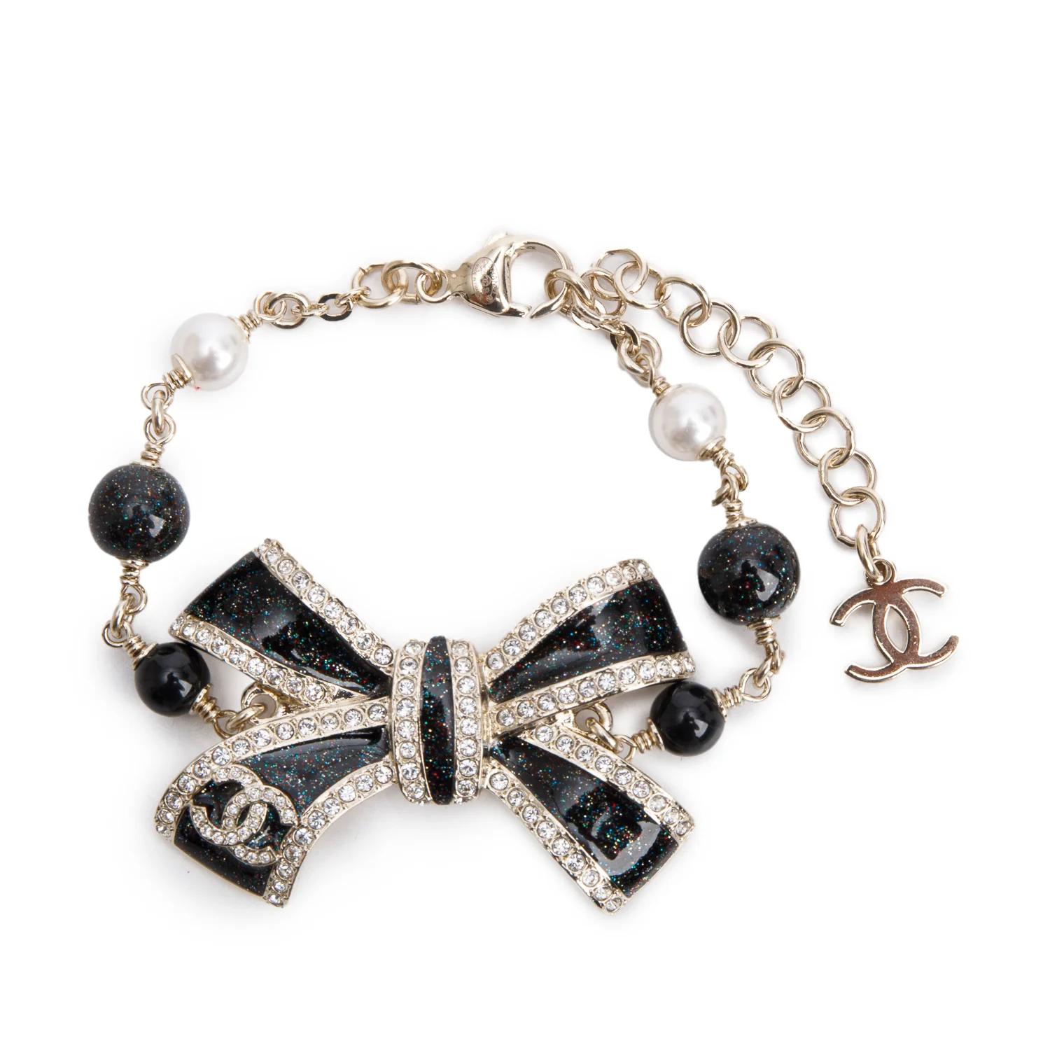 Chanel 2025 Gold Plated Faux Pearl, Strass & Bead CC Bow Charm Bracelet w/ Box & Receipt