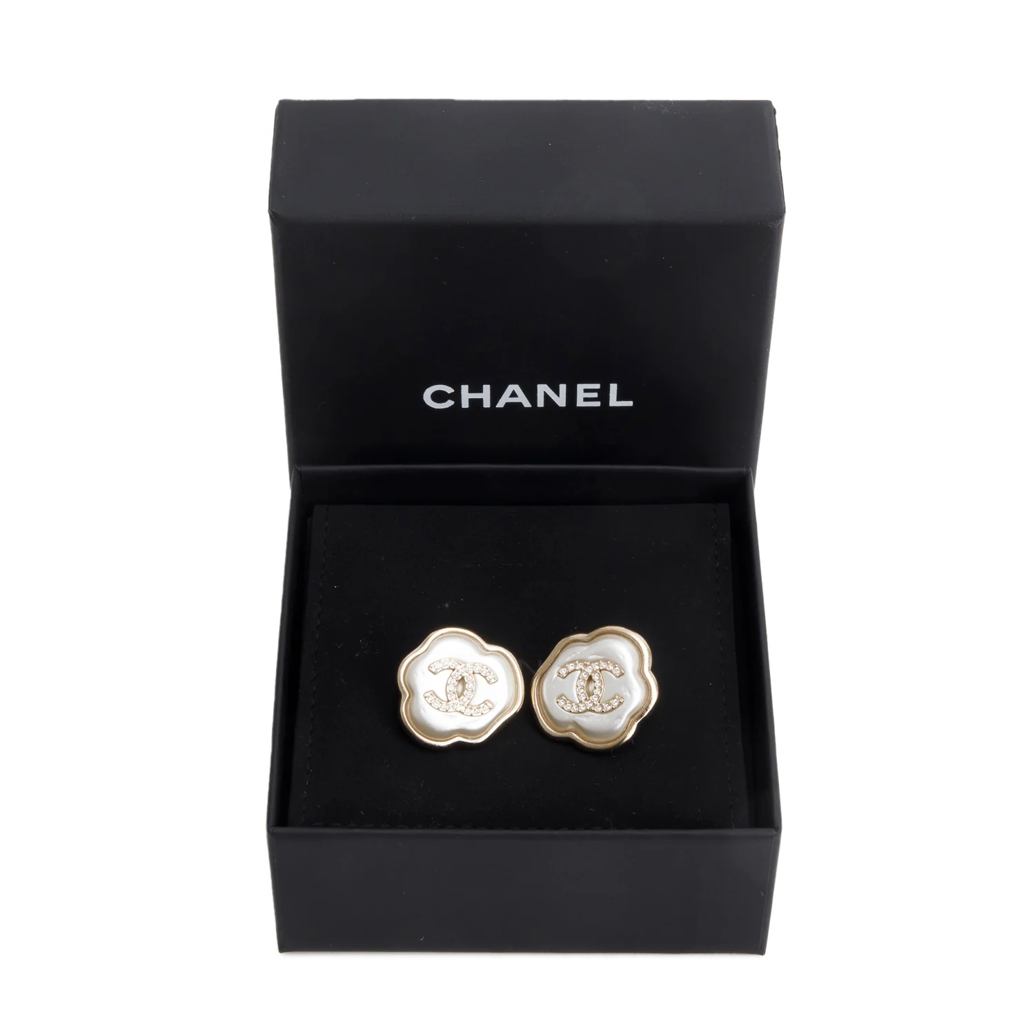 Chanel 2025 Gold-Plated Faux Pearl & Strass CC Stud Earrings w/ Box - Image 2