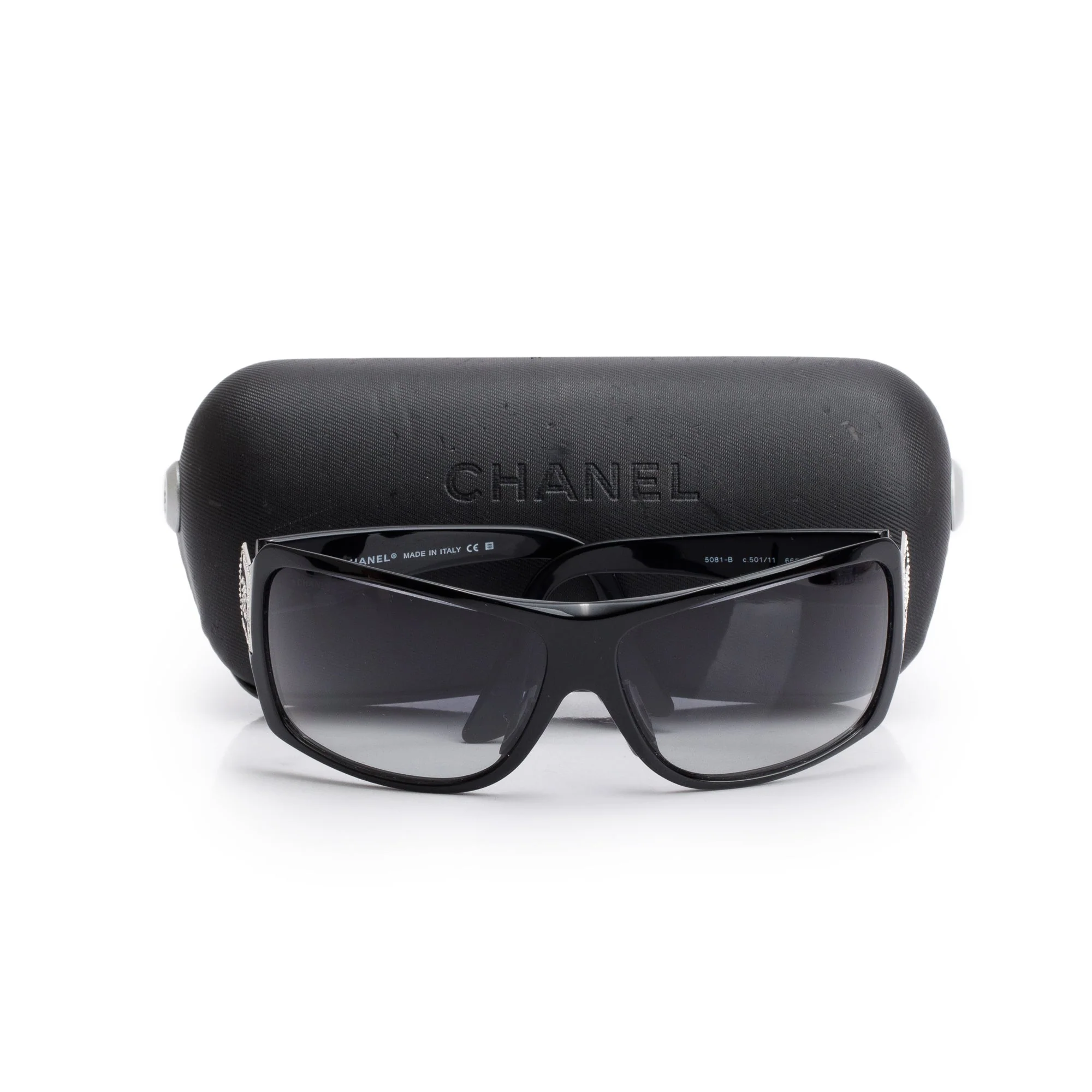 Chanel 5081-B Black Acetate Crystal CC Logo Shield Sunglasses w/ Case - Image 2
