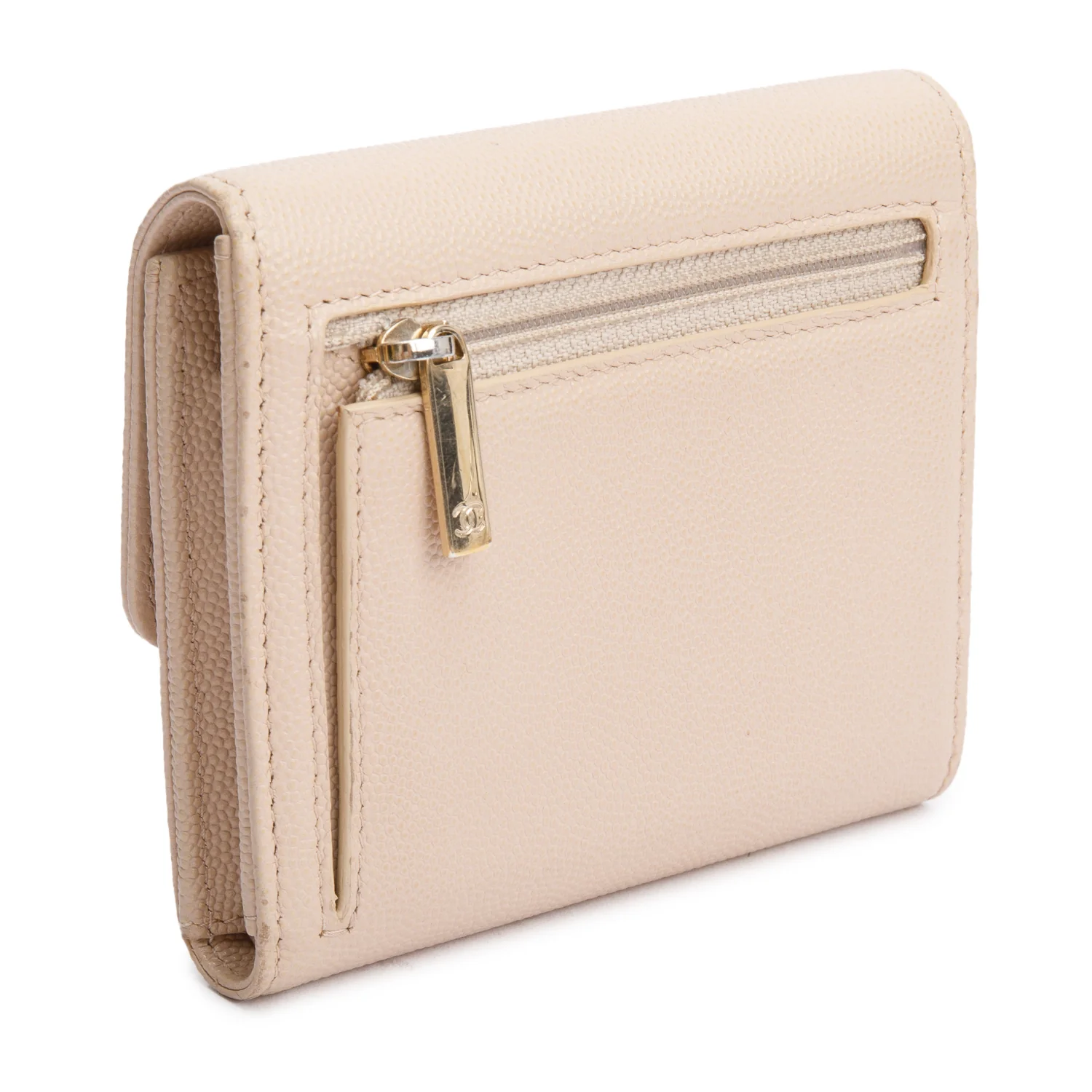 Chanel Beige Caviar Leather Timeless Trifold Compact Wallet w/ Box & Authenticity Card - Image 5