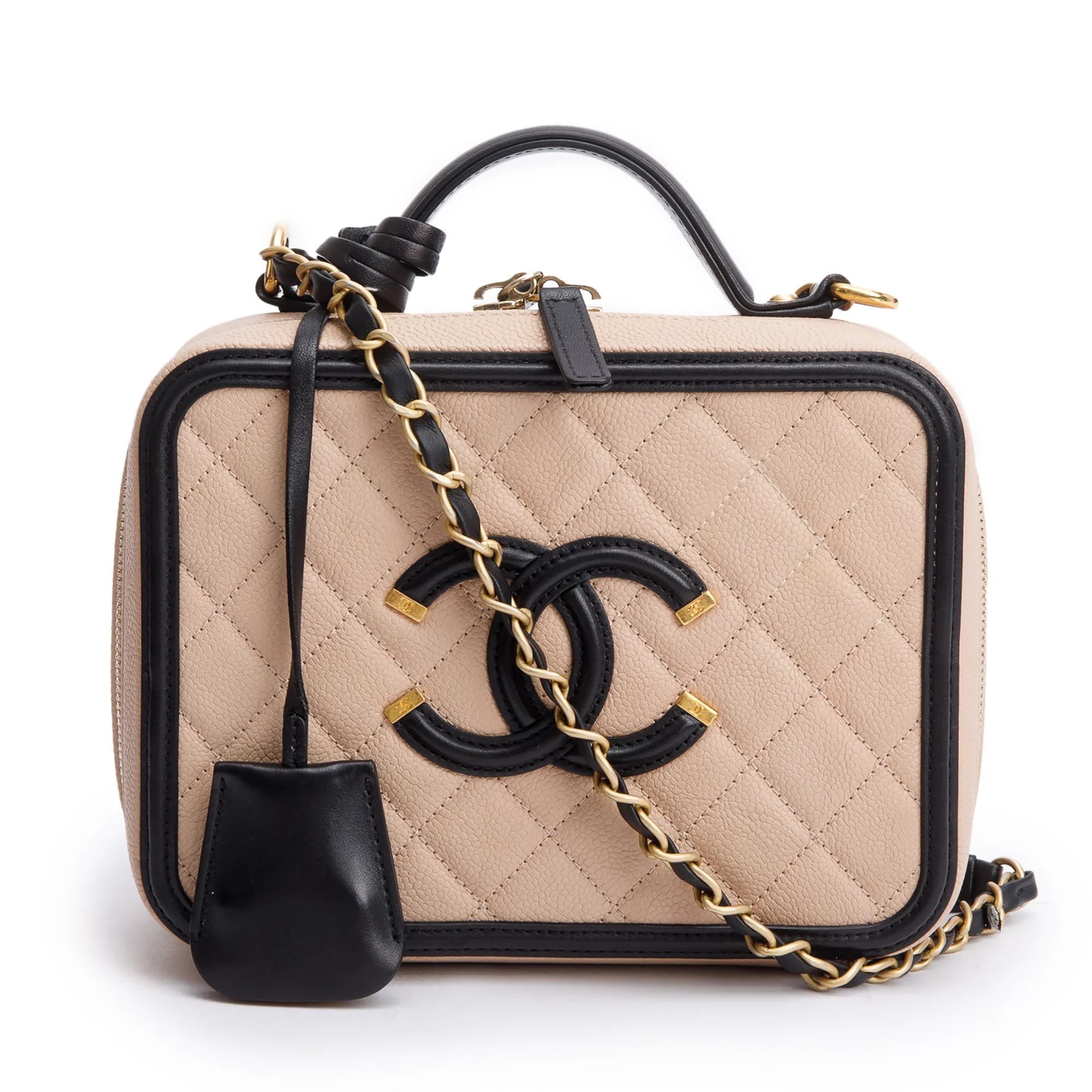 Chanel Beige Caviar Quilted Leather CC Filigree Medium Vanity Case w/ Box & Authenticity Card