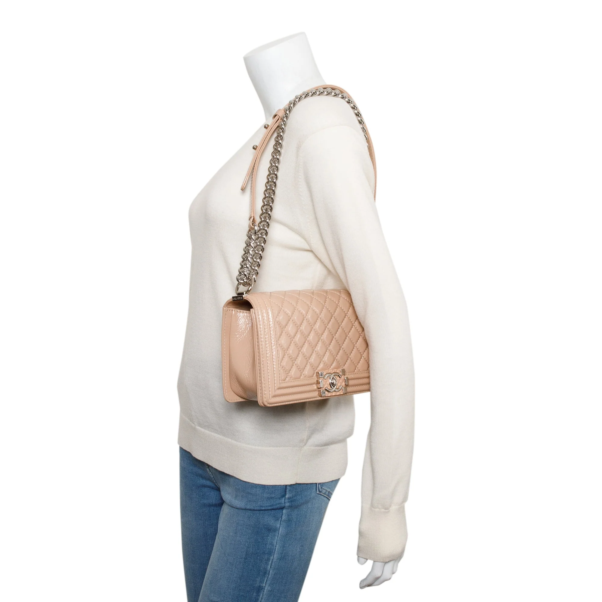 Chanel Beige Patent Leather Medium Boy Bag - Image 2