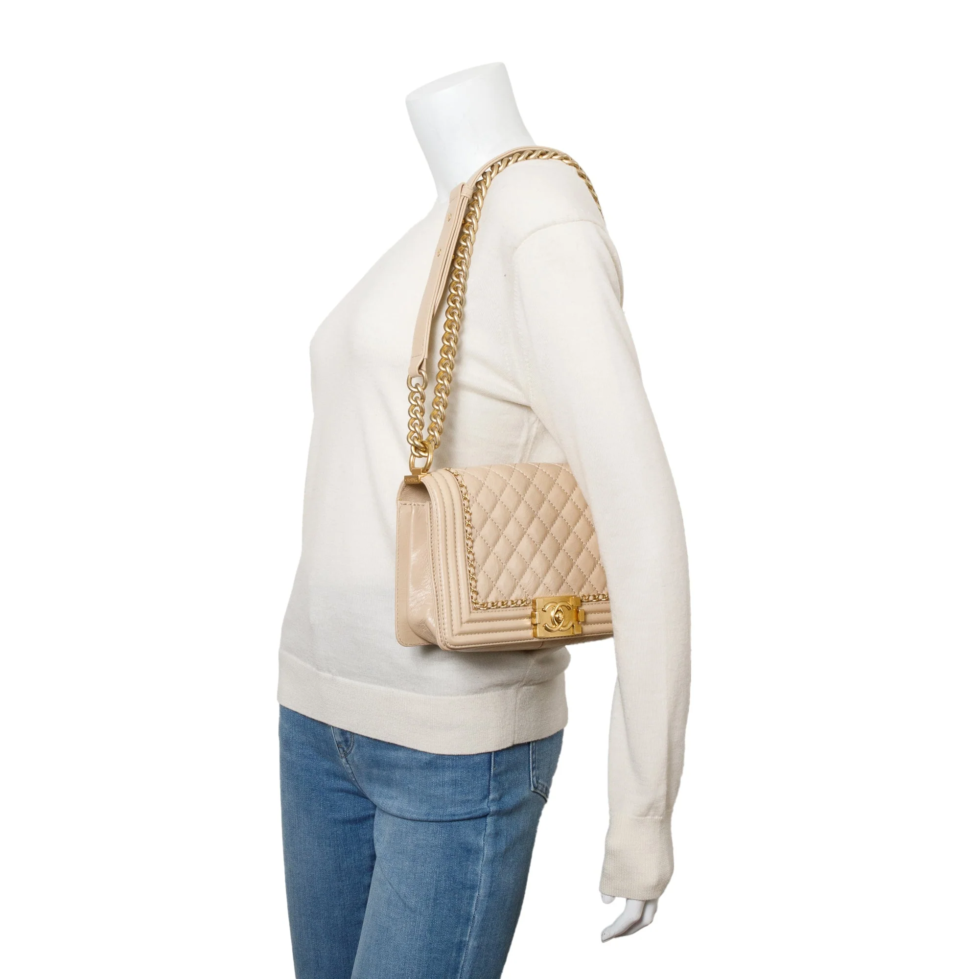 Chanel Beige Quilted Aged Calfskin Leather Medium Jacket Boy Bag w/ Authenticity Card - Image 2