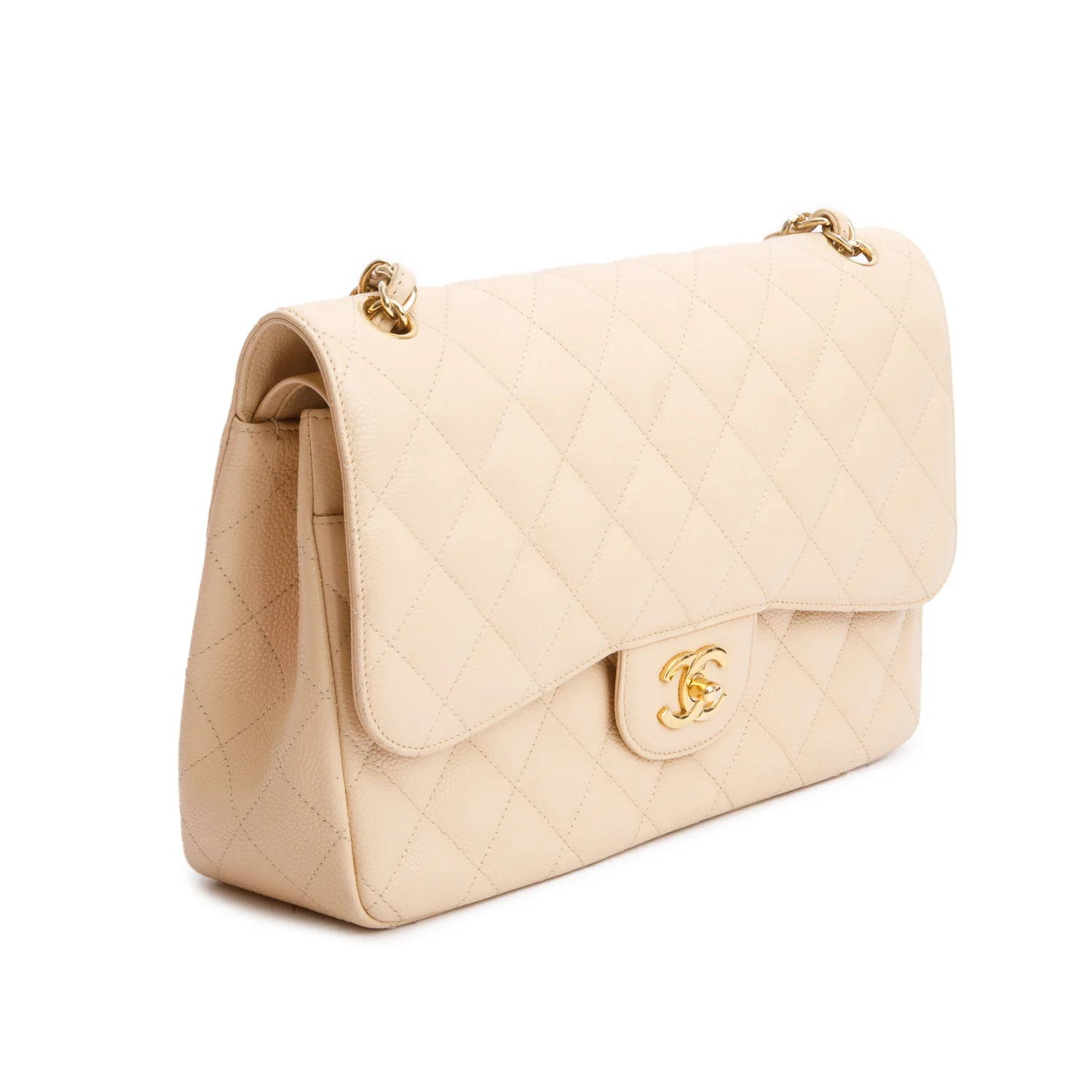 Chanel Beige Quilted Caviar Leather Classic Jumbo Double Flap Bag w/ Box - Image 4