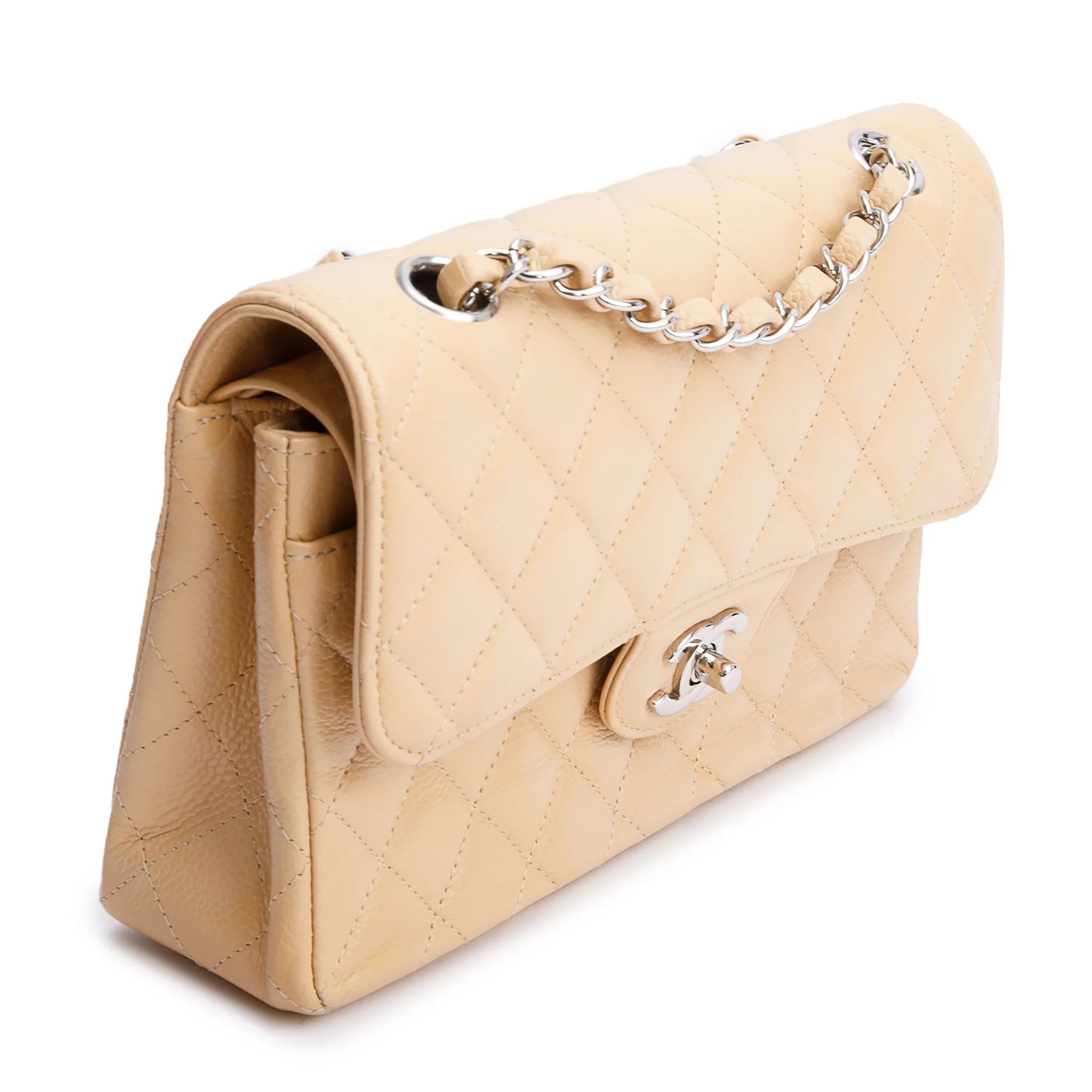 Chanel Beige Quilted Caviar Leather Classic Small Double Flap Bag - Image 4