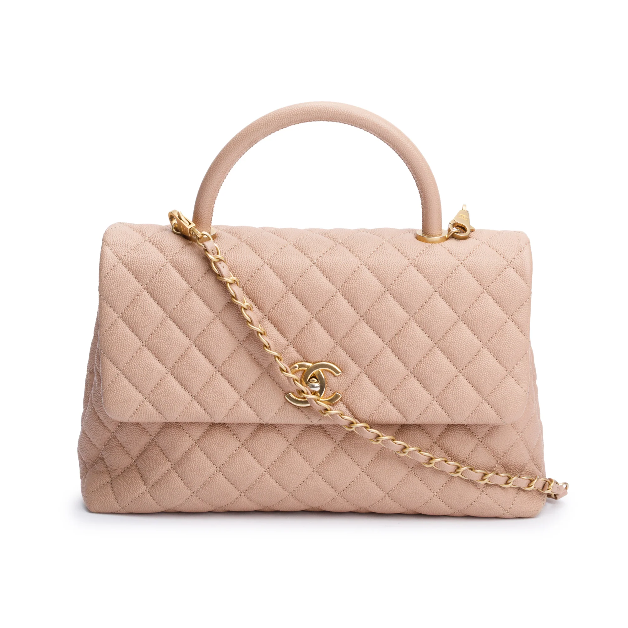 Chanel Beige Quilted Caviar Leather Large Coco Handle Bag w/ Strap & Authenticity Card