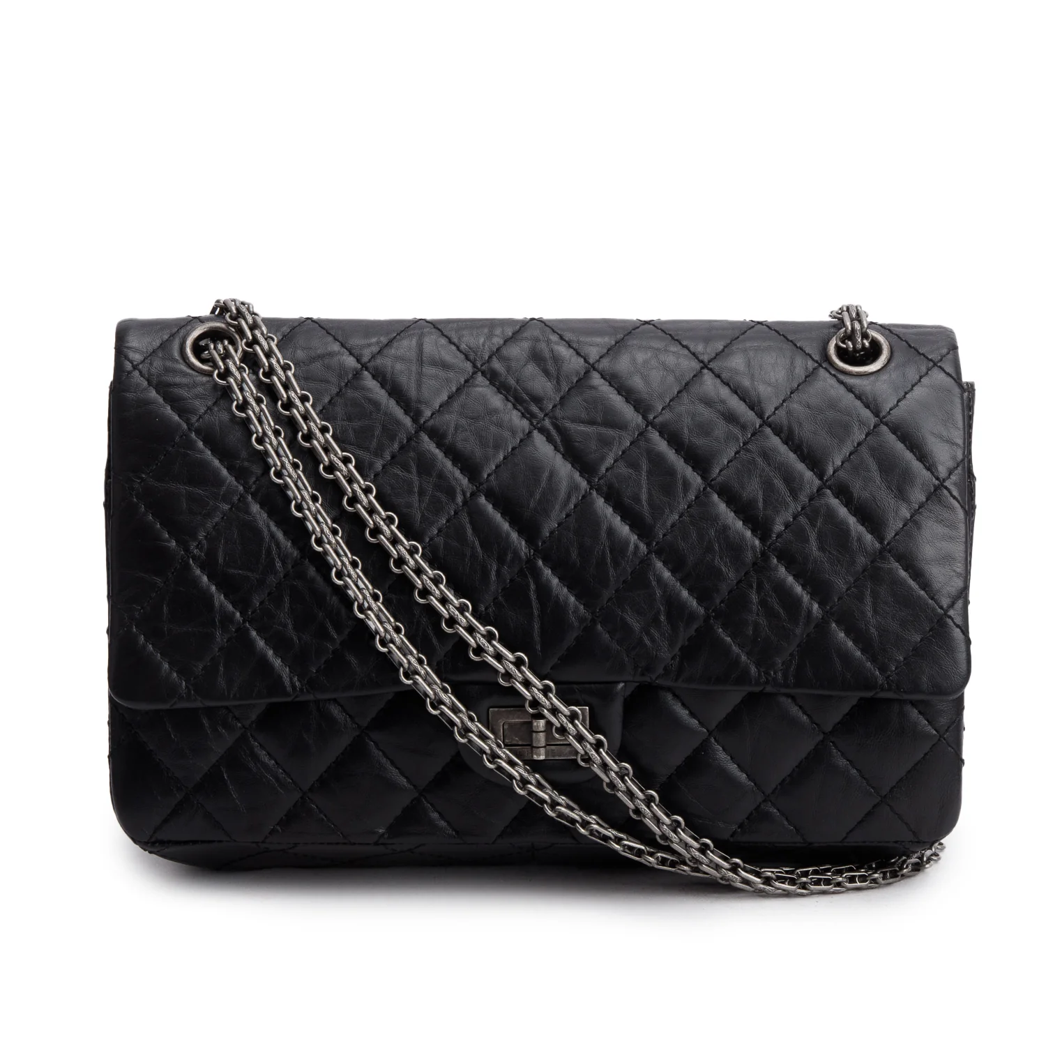 Chanel Black Aged Calfskin Leather 2.55 Reissue 226 Double Flap Bag w/ Authenticity Card