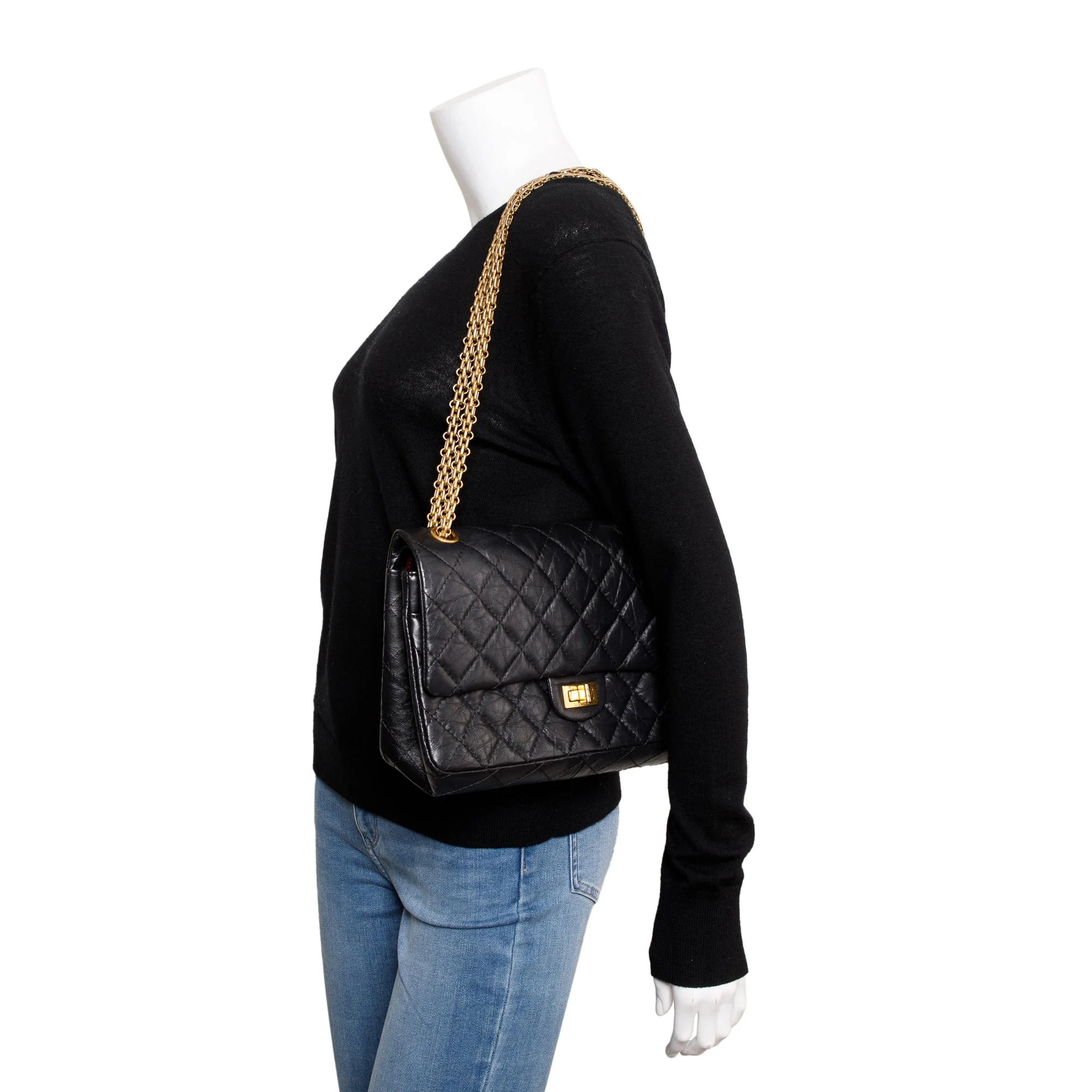 Chanel Black Aged Calfskin Leather 2.55 Reissue 226 Double Flap Bag w/ Box & Authenticity Card - Image 2