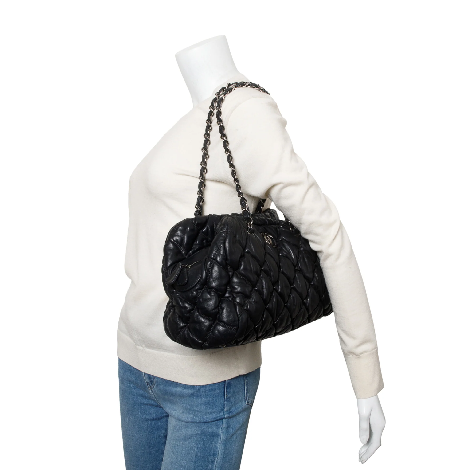 Chanel Black Bubble Quilt Lambskin Leather Medium Bowler Bag - Image 2