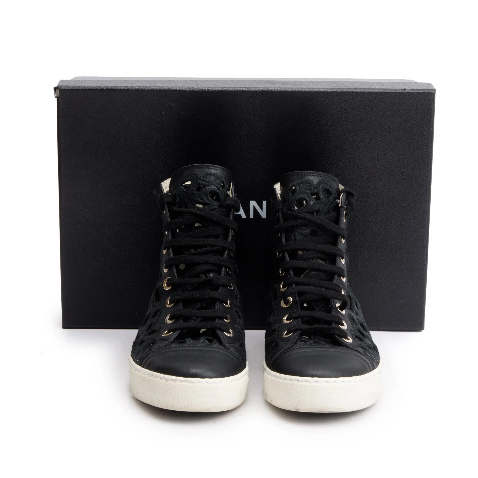 Chanel Black Calfskin Leather Cutout Interlocking CC Logo Sneakers, Size 36 w/ Box - Image 2