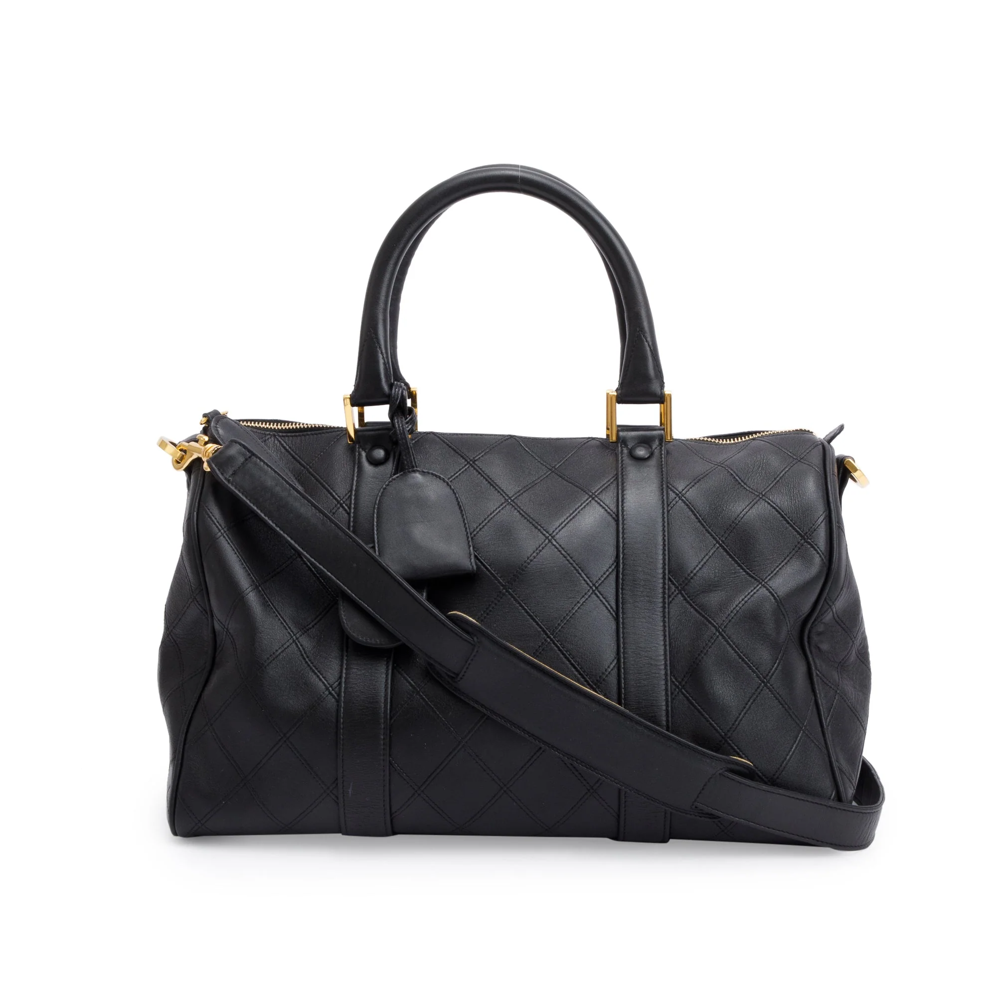 Chanel Black Calfskin Leather Diamond Stitch Boston Bag w/ Strap