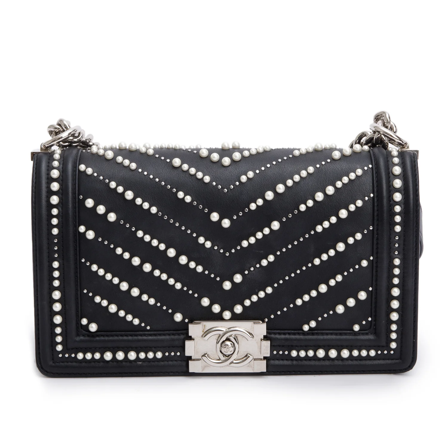 Chanel Black Calfskin Leather Medium Chevron Pearl Boy Bag - Image 2