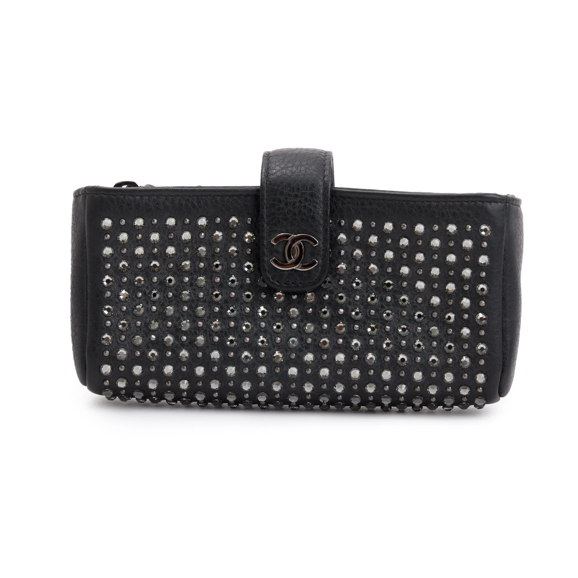 Chanel Black Calfskin Leather Strass Studded Phone Holder Clutch w/ Strap - Image 3