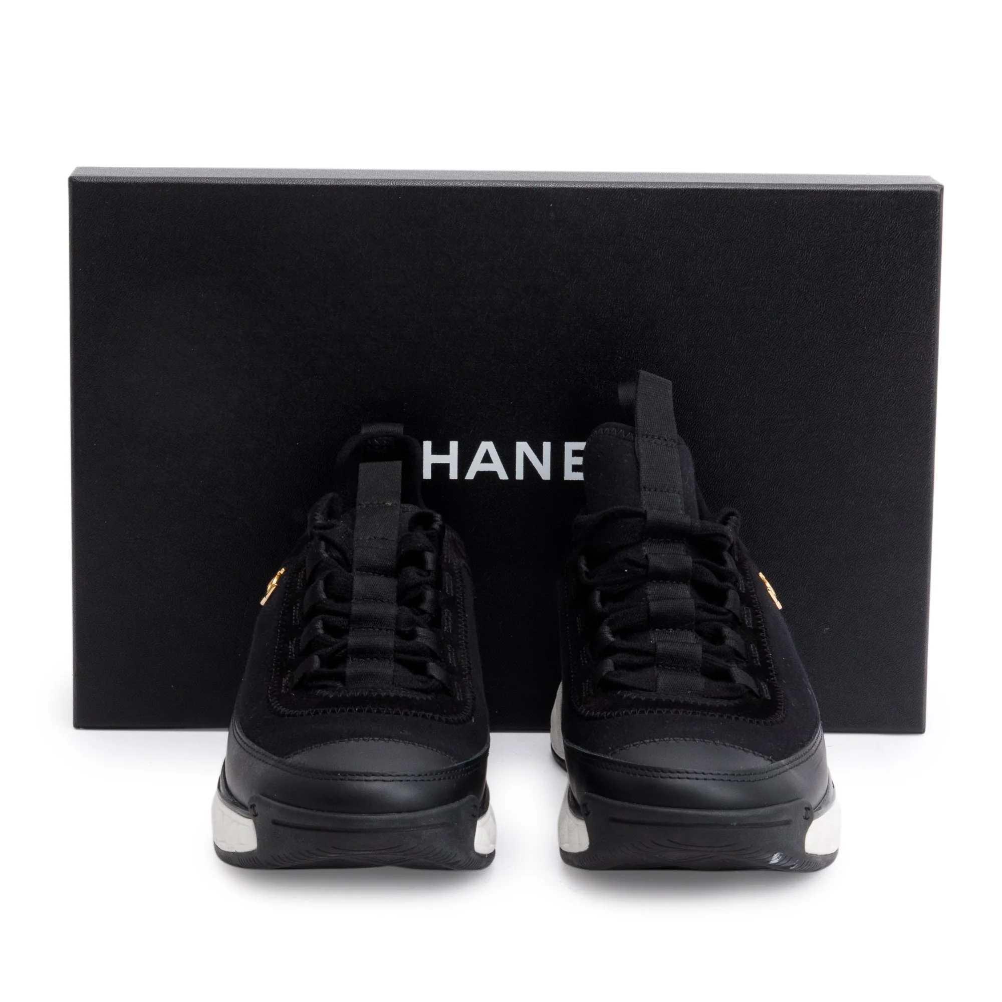 Chanel Black Calfskin Neoprene Interlocking CC Logo Sneakers, Size 36.5 w/ Box - Image 2