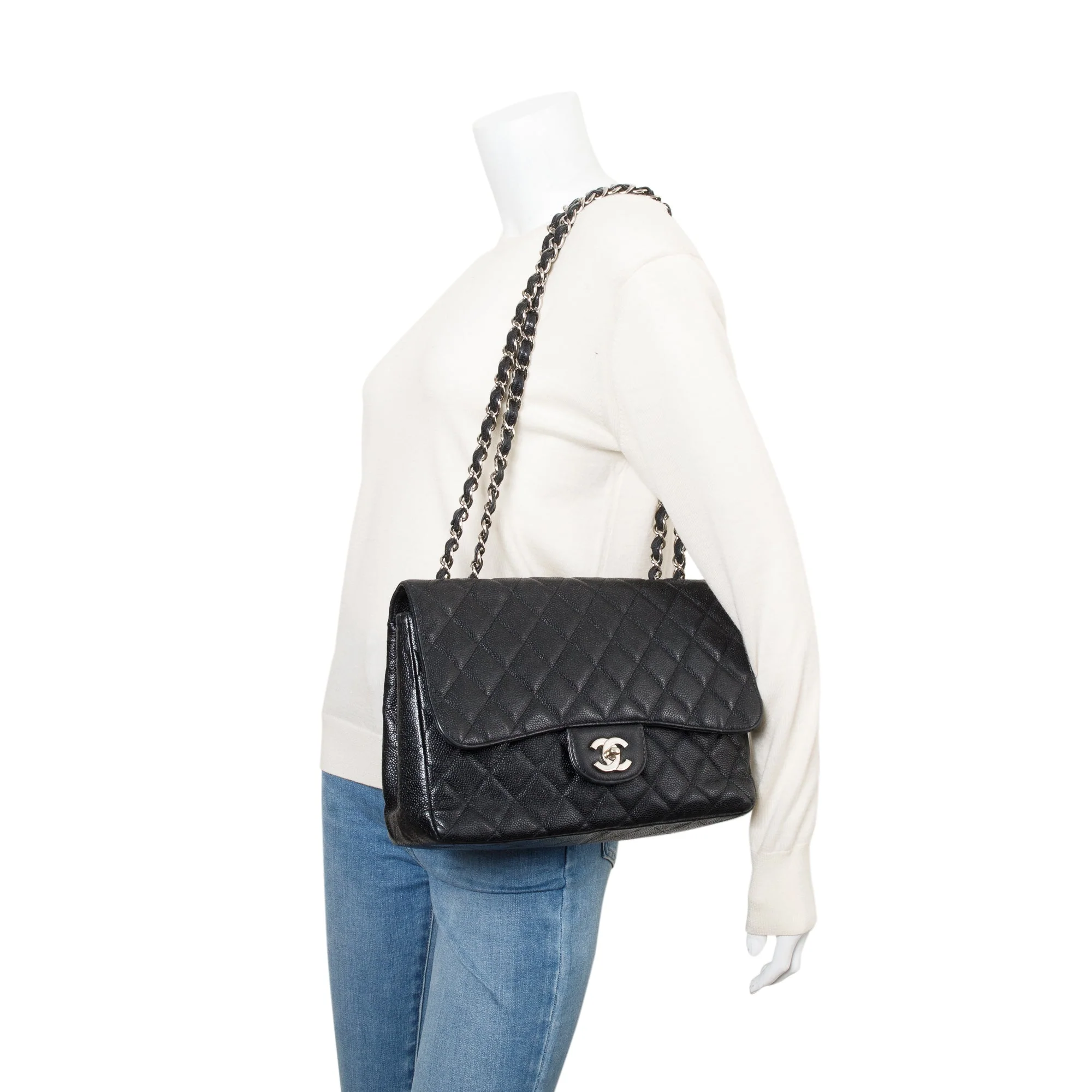 Chanel Black Caviar Classic Jumbo Single Flap Bag w/ Authenticity Card - Image 2