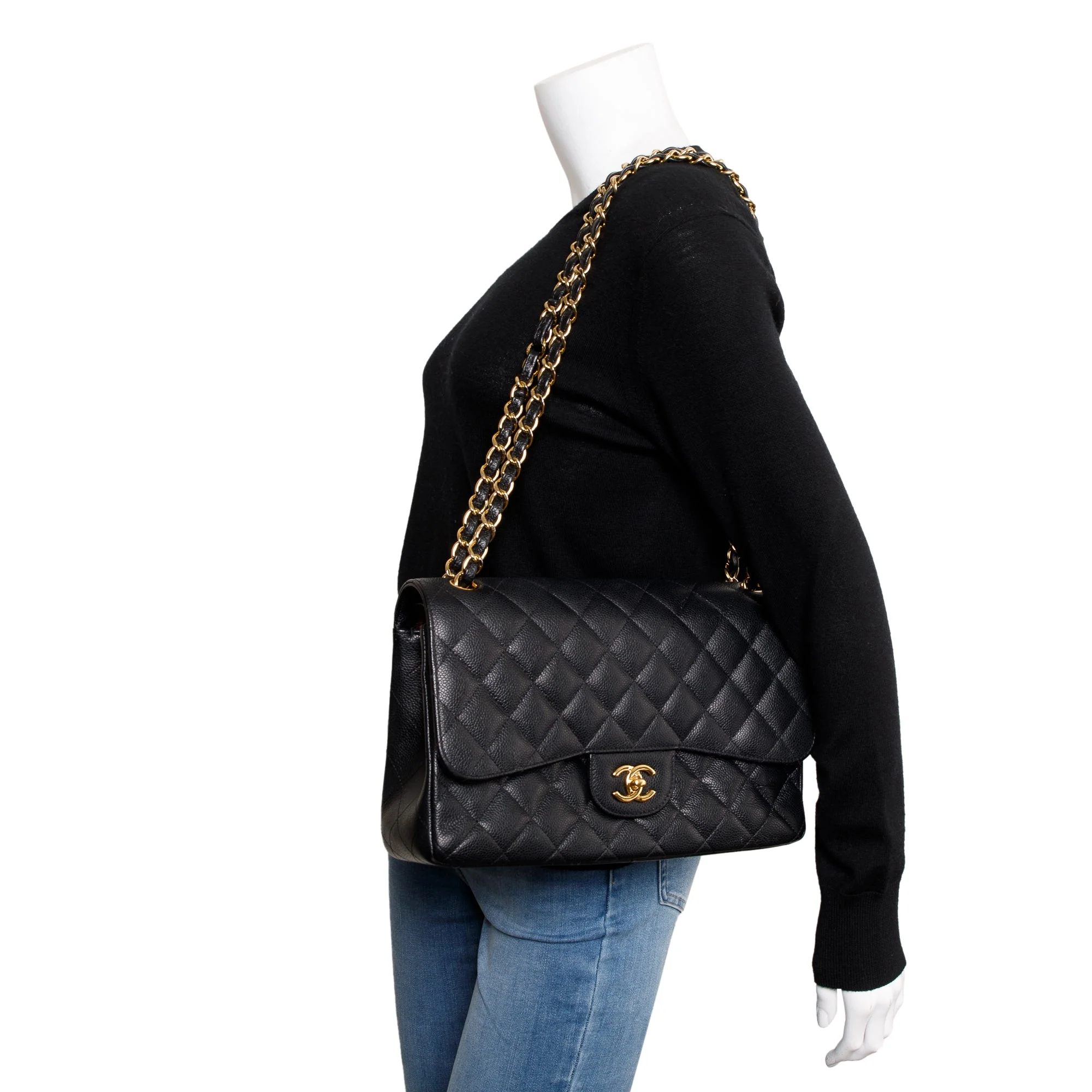 Chanel Black Caviar Leather Classic Jumbo Double Flap Bag w/ Box, Authenticity Card & Receipt - Image 2