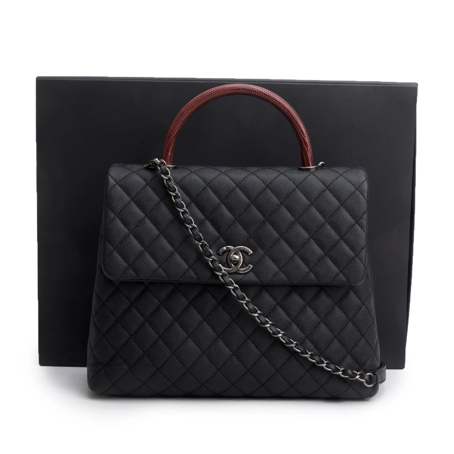 Chanel Black Caviar Lizard Quilted Large Coco Handle Flap Bag w/ Box, Strap, Receipt & Authenticity Card - Image 3