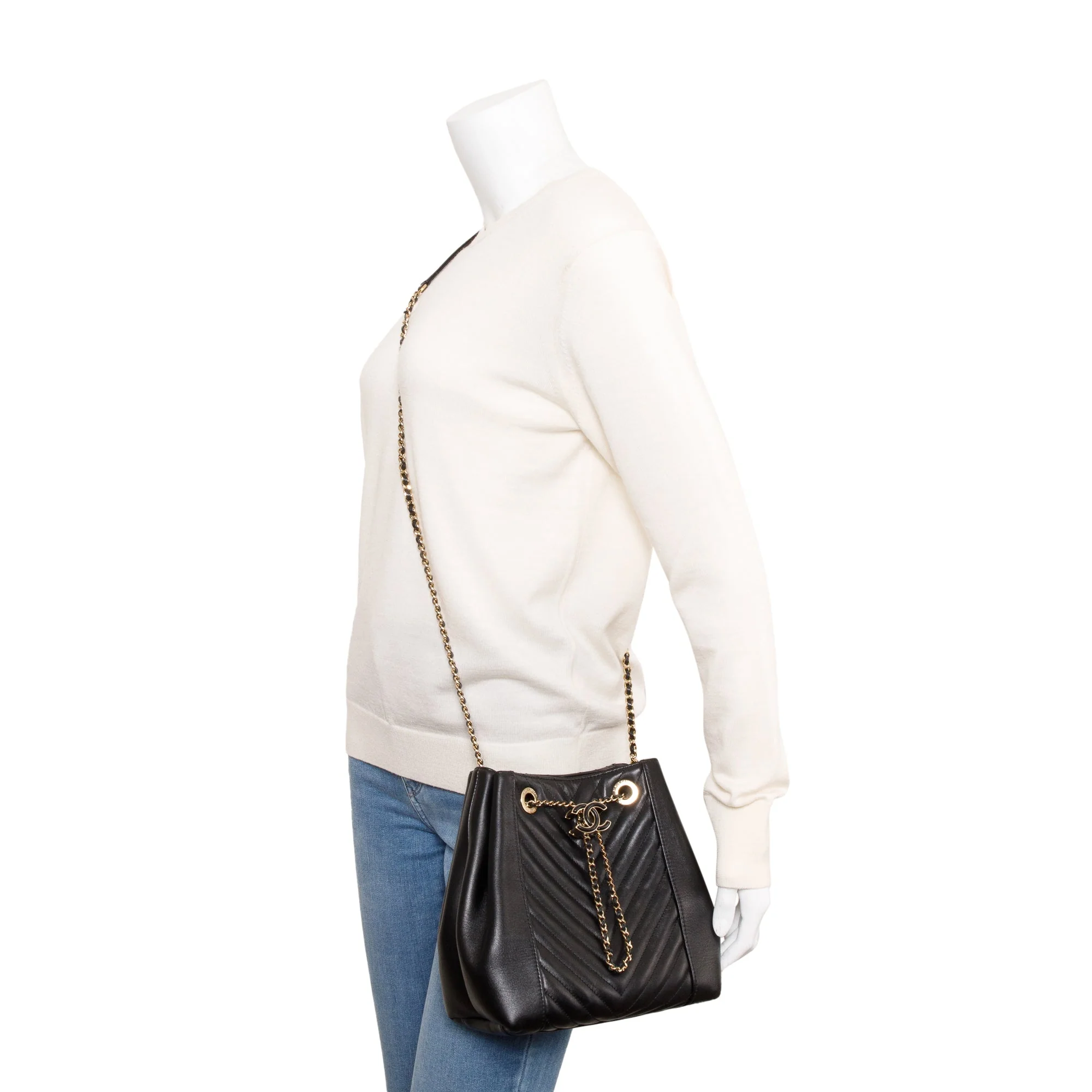 Chanel Black Chevron Calfskin Leather Drawstring Bucket Crossbody Bag w/ Authenticity Card - Image 2