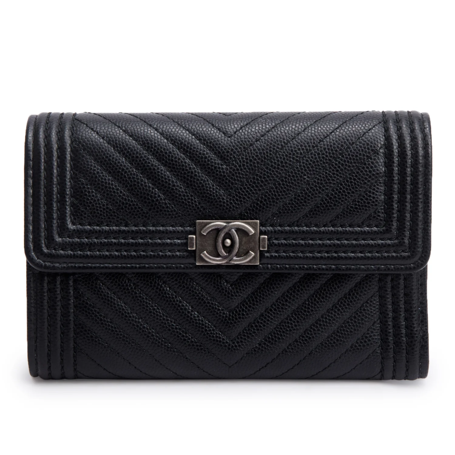 Chanel Black Chevron Caviar Leather Medium Boy Flap Wallet w/ Box & Authenticity Card