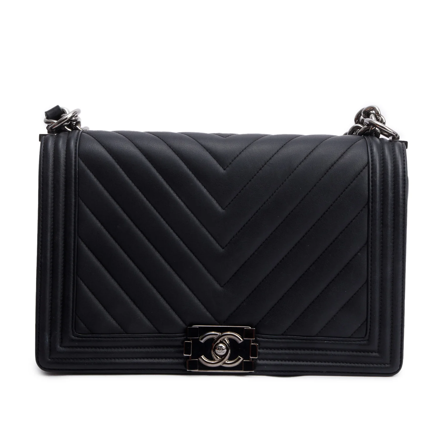 Chanel Black Chevron Quilted Lambskin Leather Large Boy Bag - Image 2