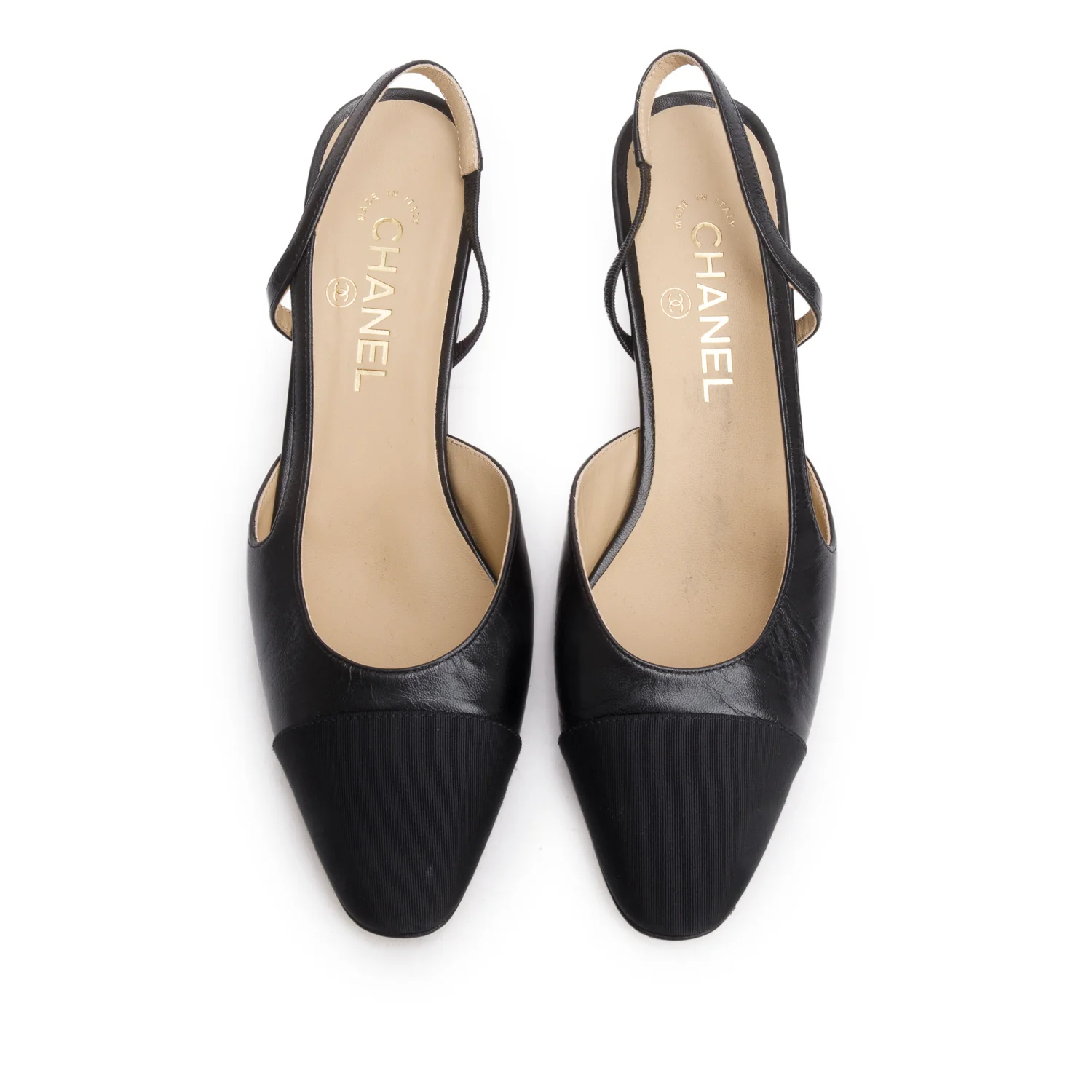 Chanel Black Goatskin & Grosgrain Cap Toe CC Slingback Pumps, Size 39.5