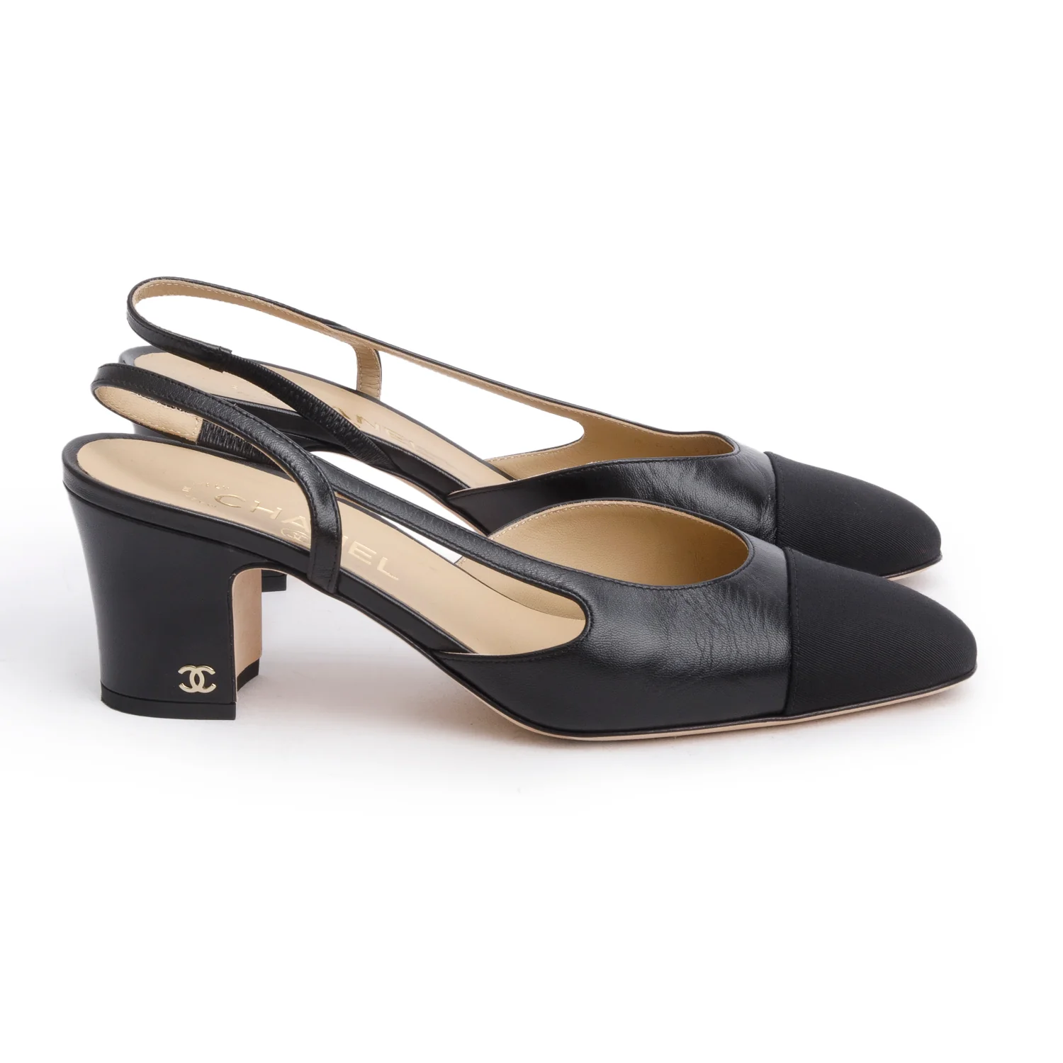 Chanel Black Goatskin & Grosgrain Cap Toe CC Slingback Pumps, Size 39.5 - Image 2