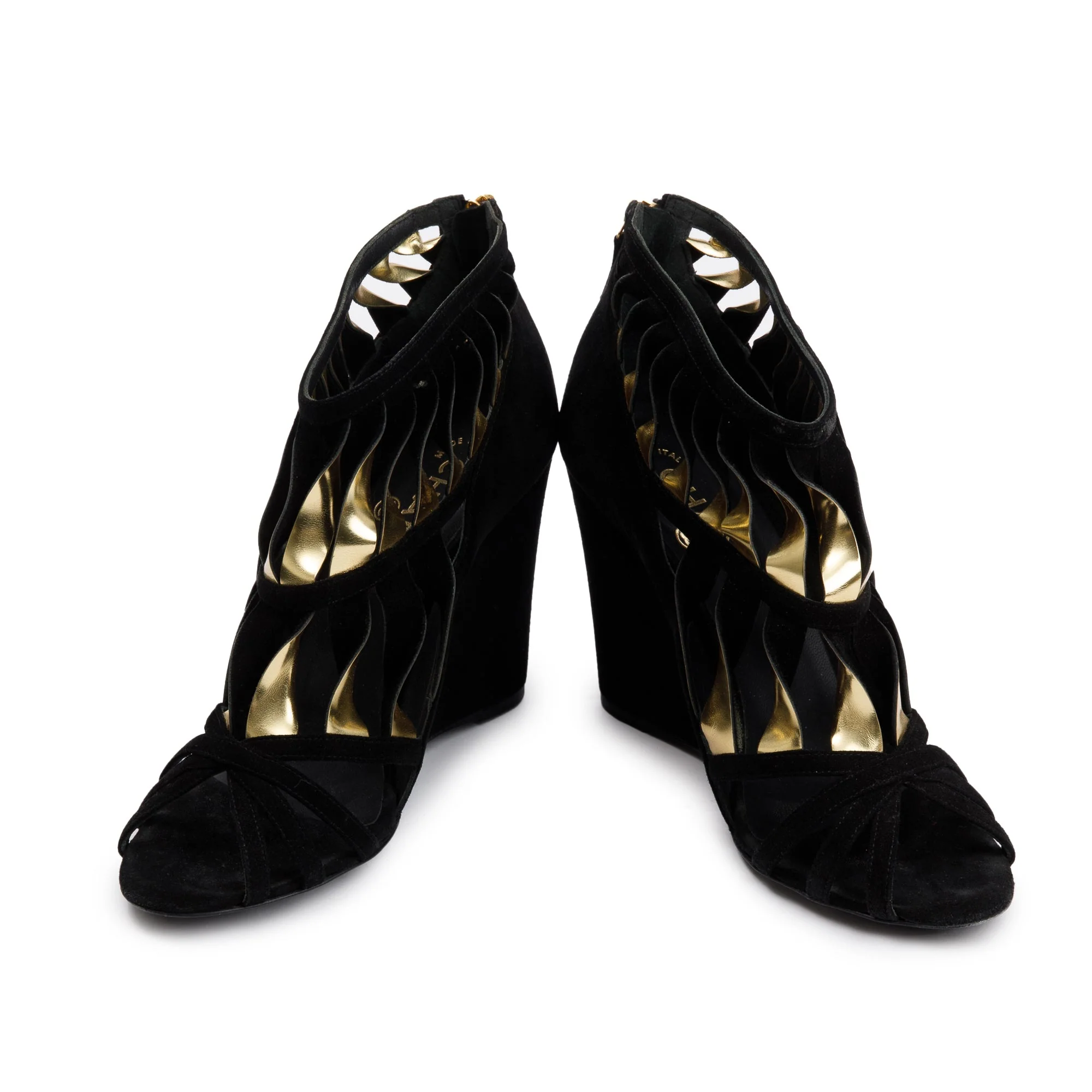 Chanel Black/Gold Suede Leather CC Strappy Wedge Sandals, Size 39 w/ Box - Image 4