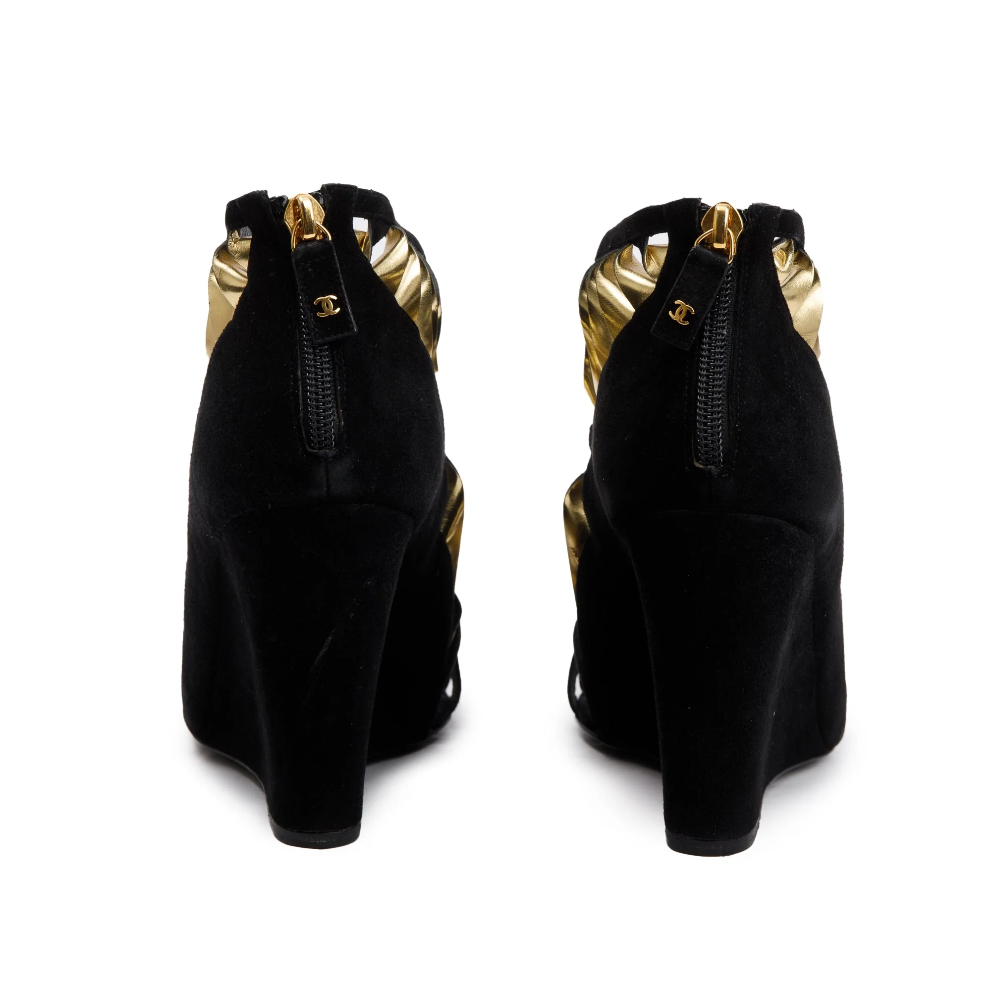 Chanel Black/Gold Suede Leather CC Strappy Wedge Sandals, Size 39 w/ Box - Image 5