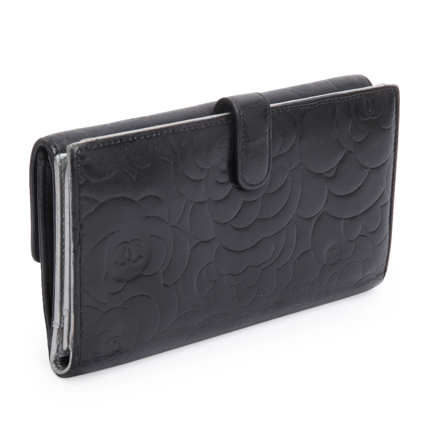 Chanel Black Lambskin Camellia Embossed Large Flap Wallet - Image 4
