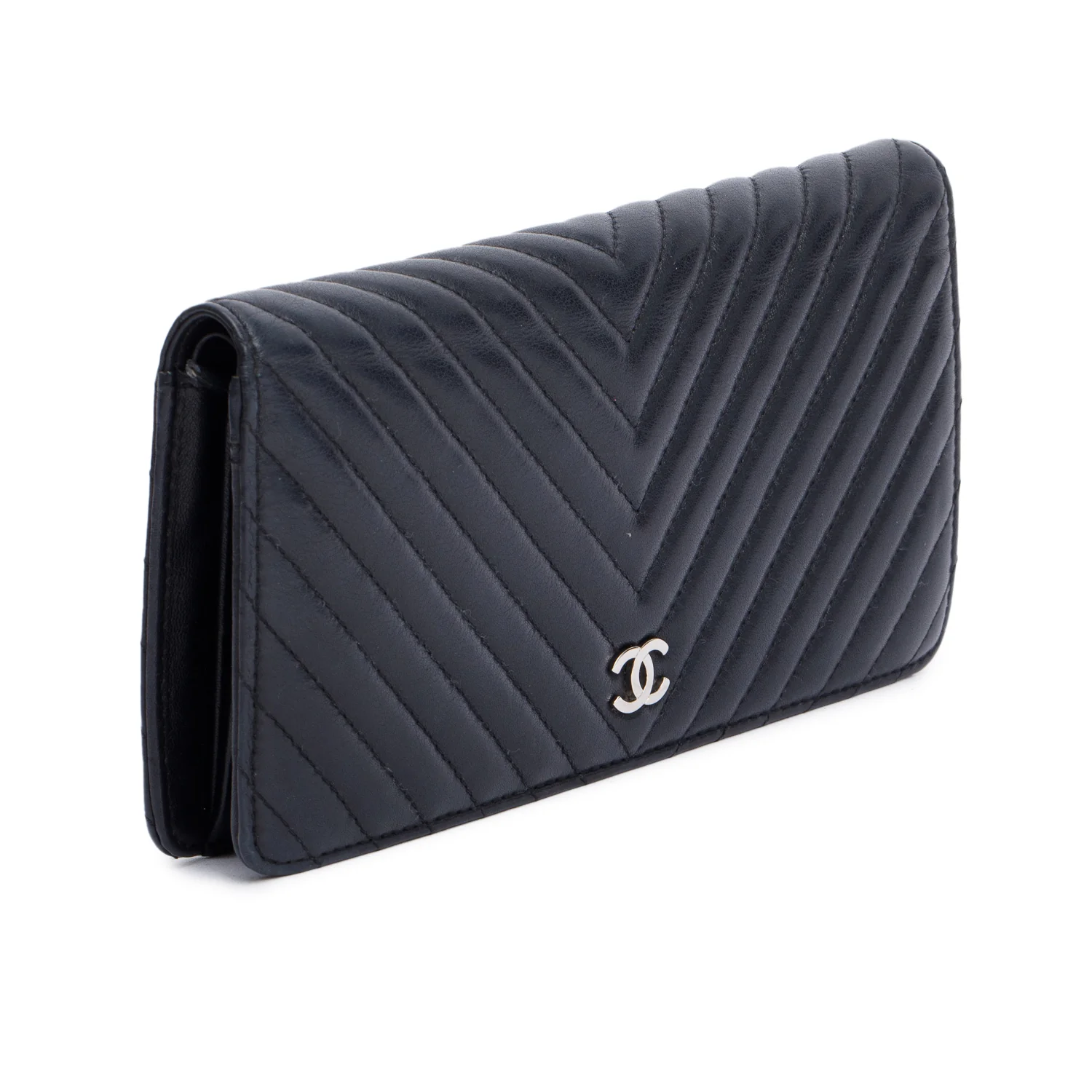 Chanel Black Lambskin Chevron Bi-Fold Wallet w/ Authenticity Card - Image 2