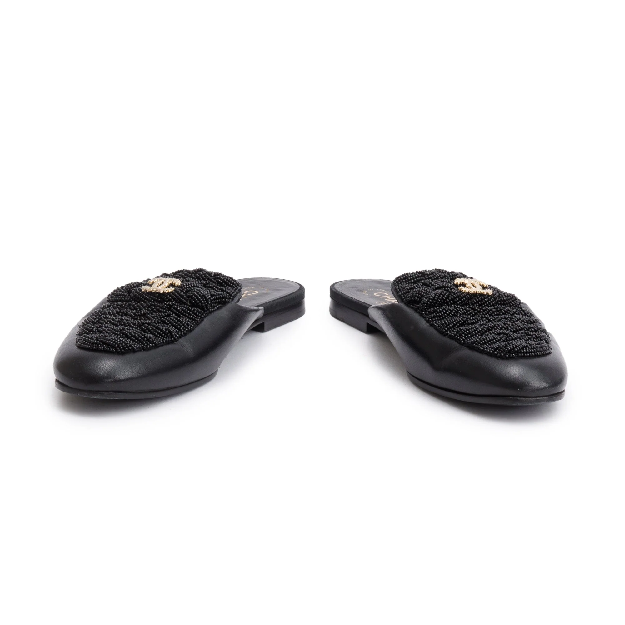 Chanel Black Lambskin Leather CC Beaded Flat Mules, Size 40 - Image 3