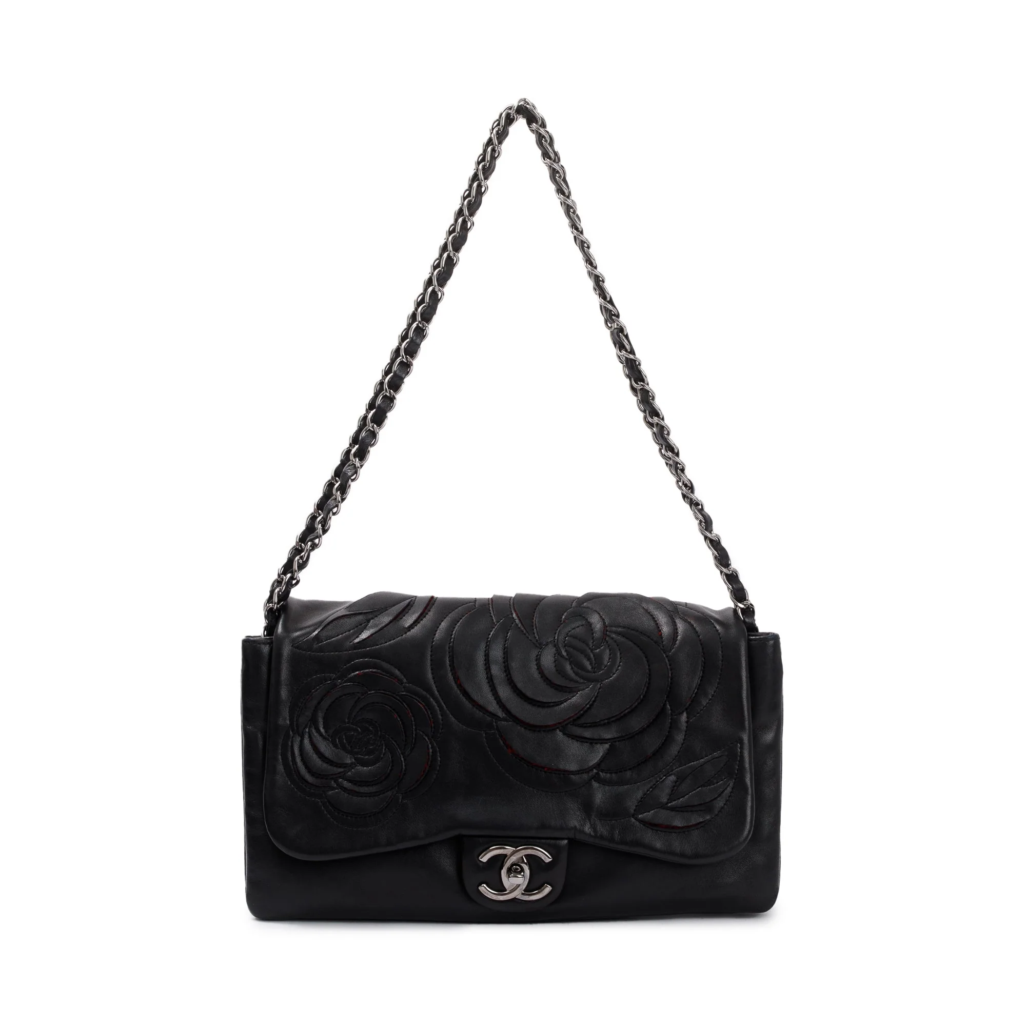 Chanel Black Lambskin Leather Tweed Camellia Petals Flap Bag - Image 3