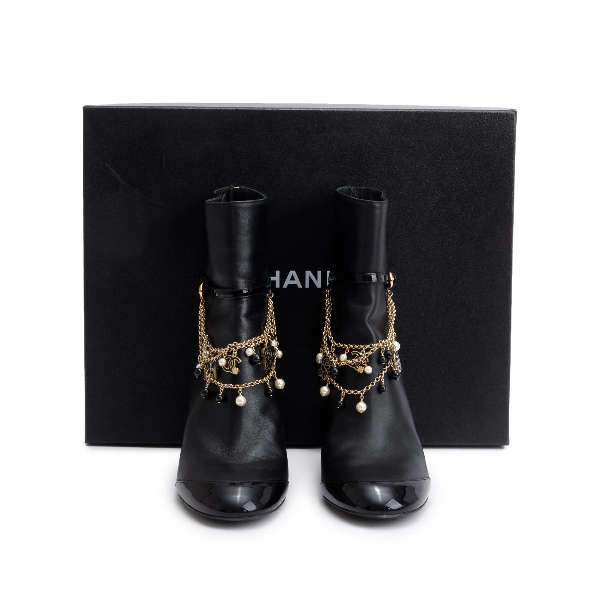 Chanel Black Leather Faux Pearl Bead Charms Interlocking CC Logo Chain Lace Up Ankle Boots, Size 40 w/ Box - Image 2