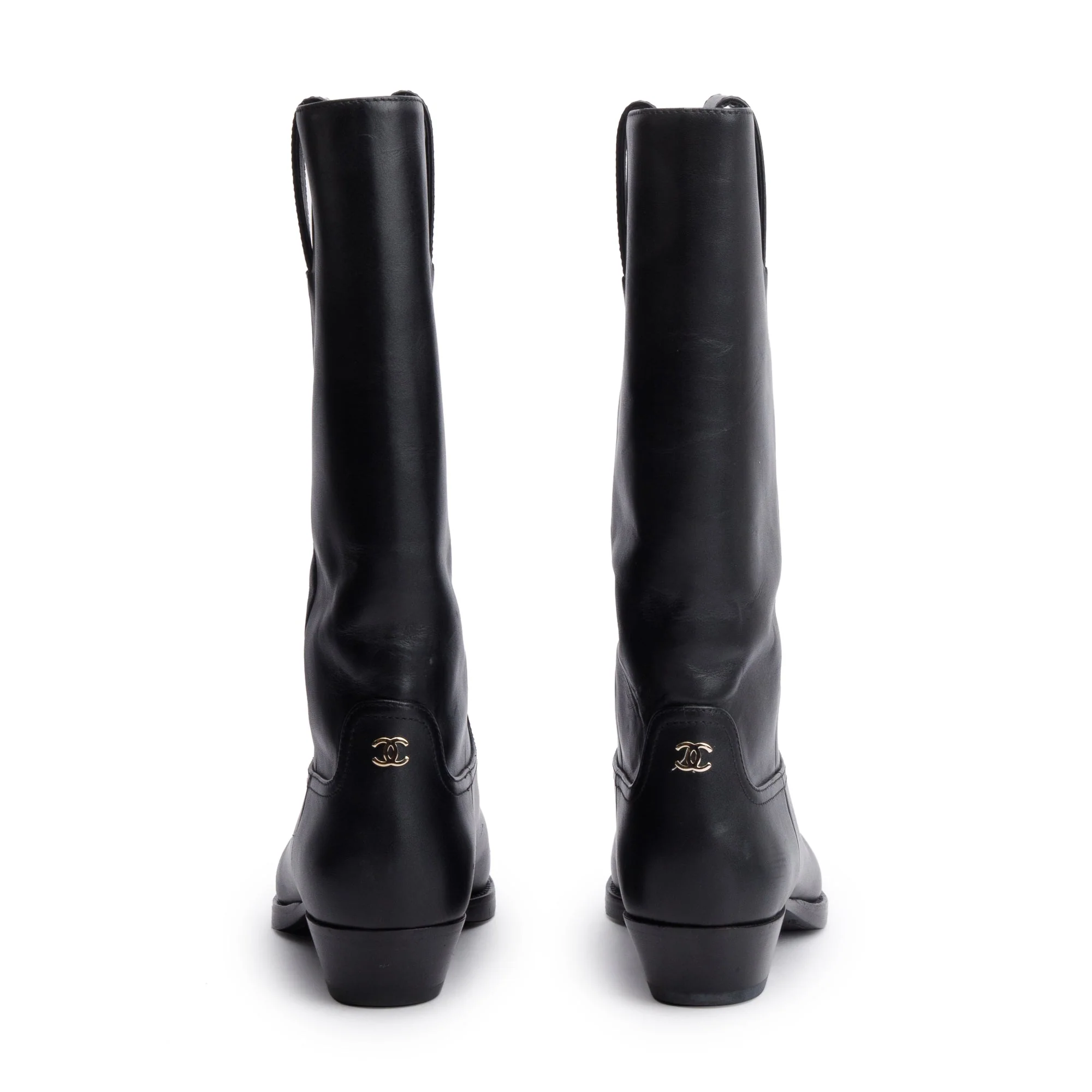 Chanel Black Leather Interlocking CC Logo Mid Calf Cowboy Boots, Size 38.5 w/ Box - Image 5