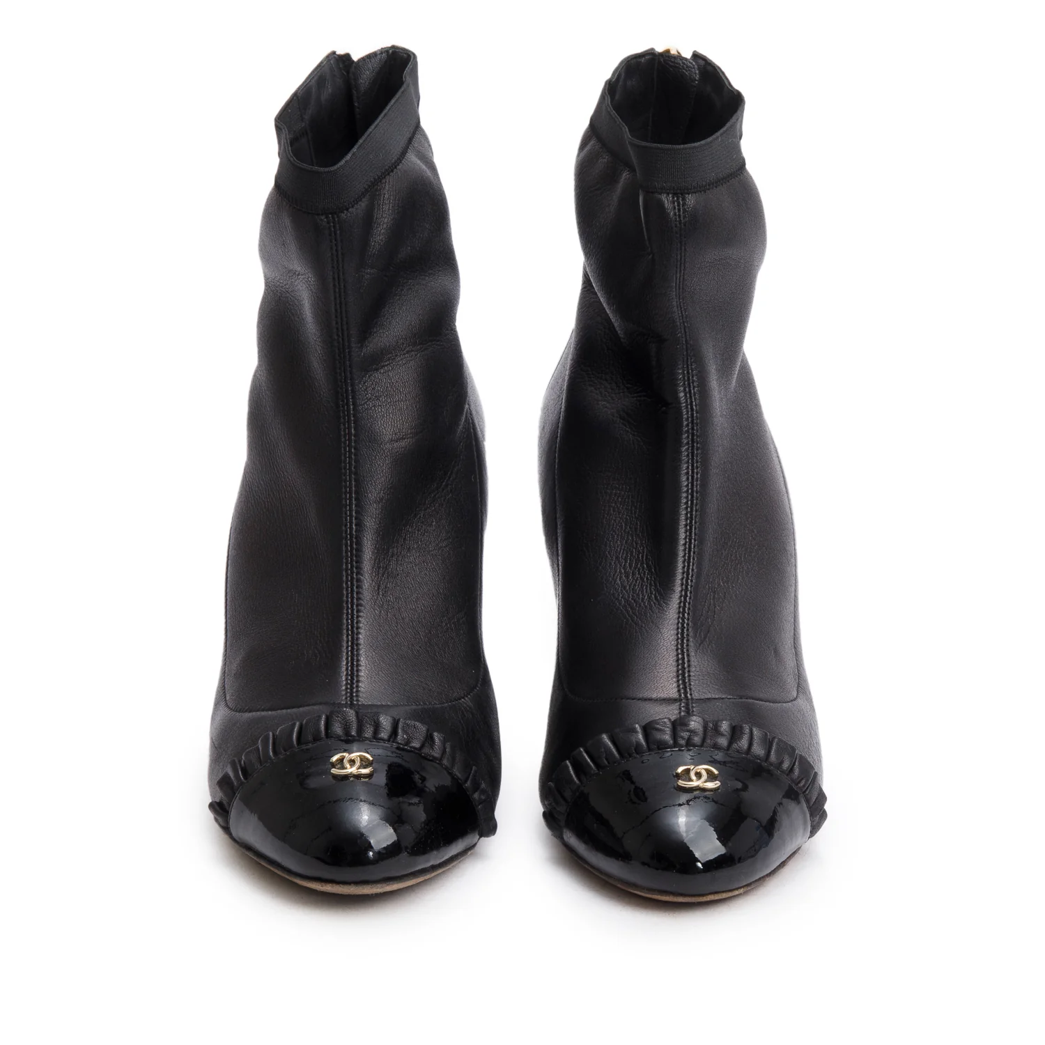 Chanel Black Leather Interlocking CC Logo Ruffled Ankle Boots, Size 39