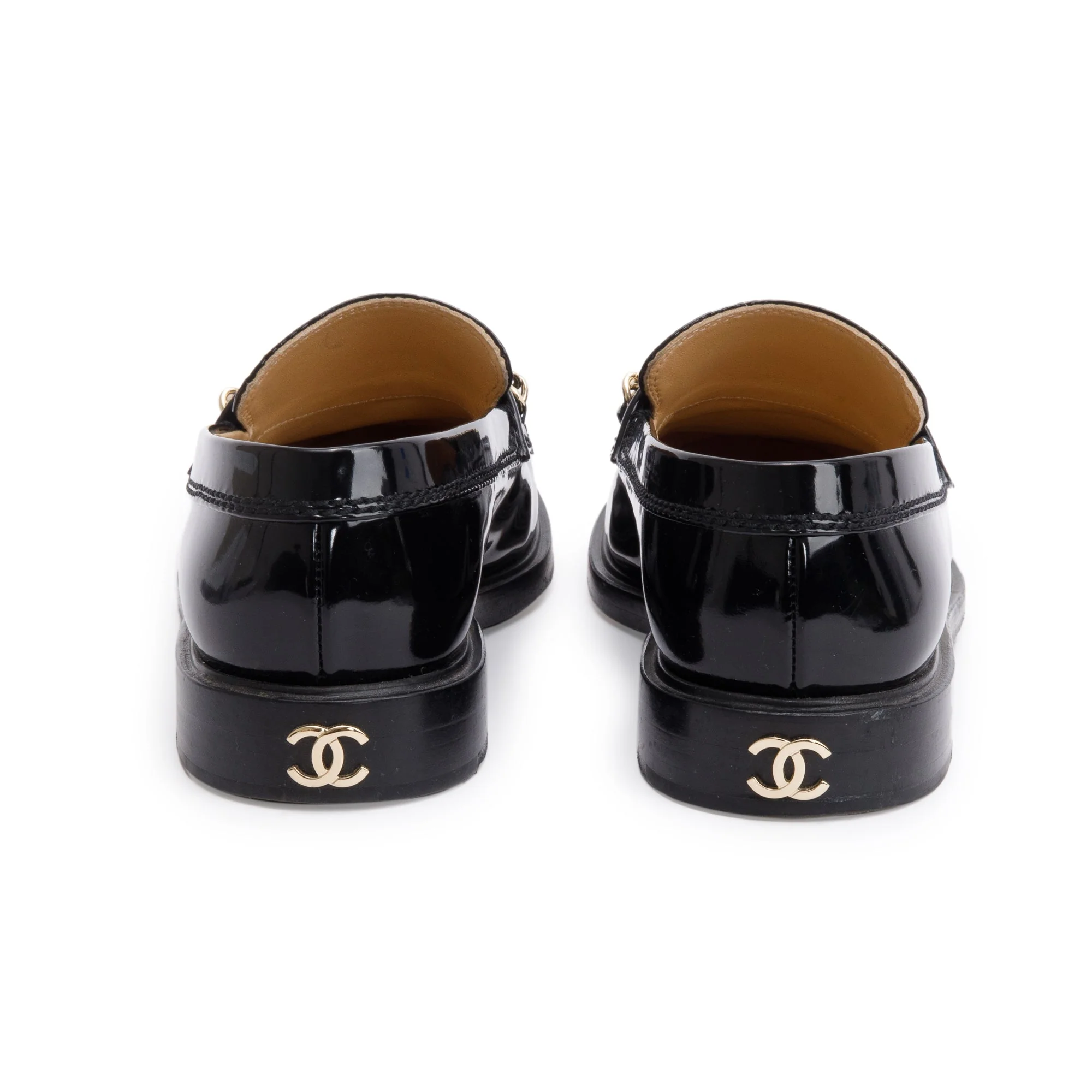 Chanel Black Patent Leather Chain Logo Loafer, Size 38.5 w/ Box - Image 6