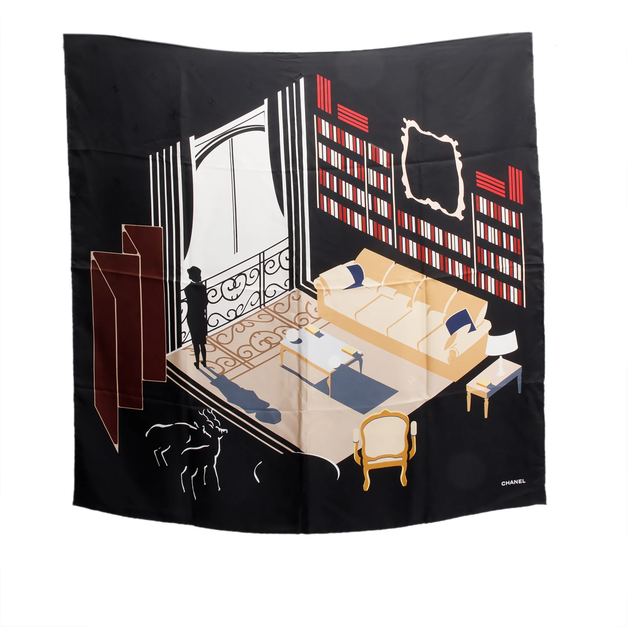 Chanel Black Printed Silk Scarf w/ Box