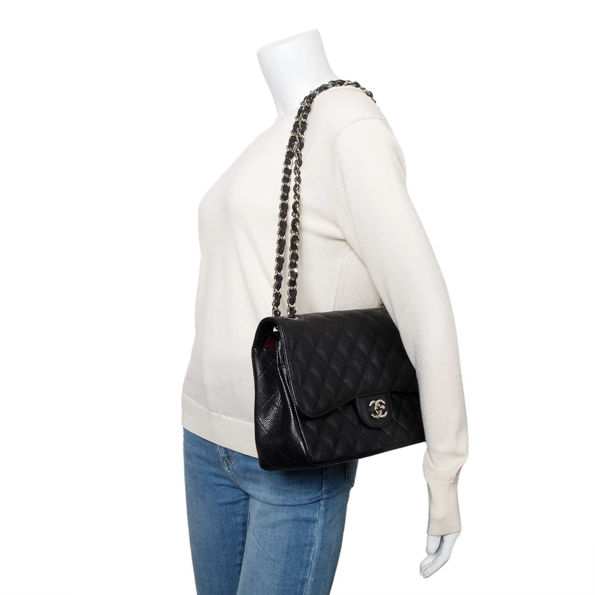 Chanel Black Quilted Caviar Leather Classic Jumbo Double Flap Bag w/ Box - Image 2
