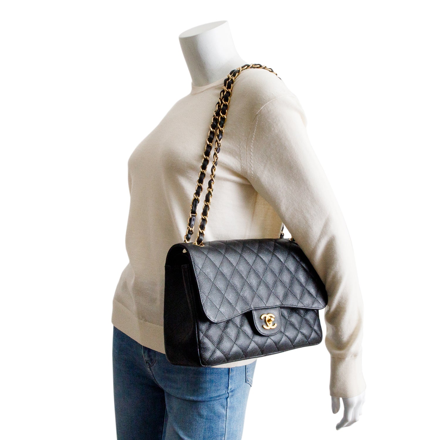 Chanel Black Quilted Caviar Leather Classic Jumbo Double Flap Bag w/ Box & Authenticity Card - Image 2