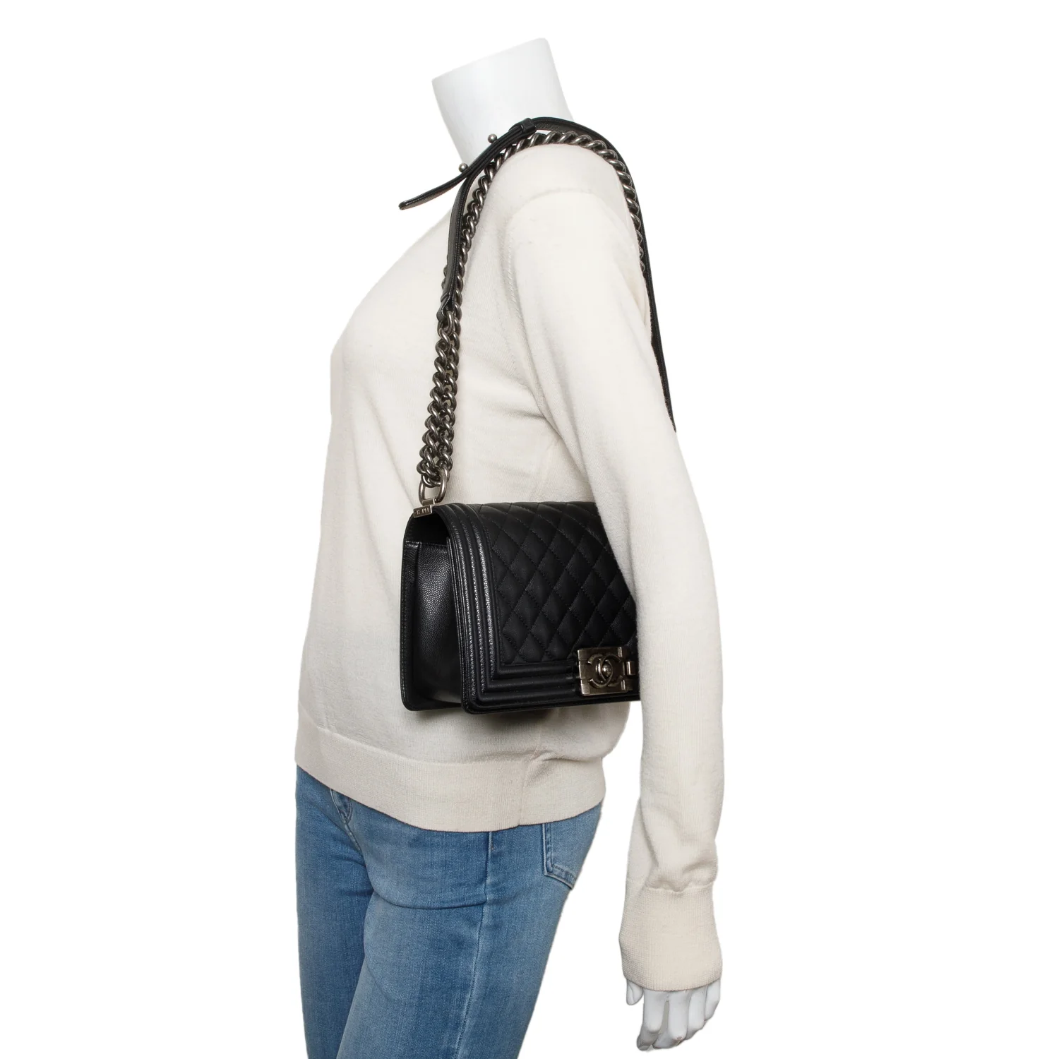 Chanel Black Quilted Caviar Leather Medium Boy Bag w/ Box - Image 11