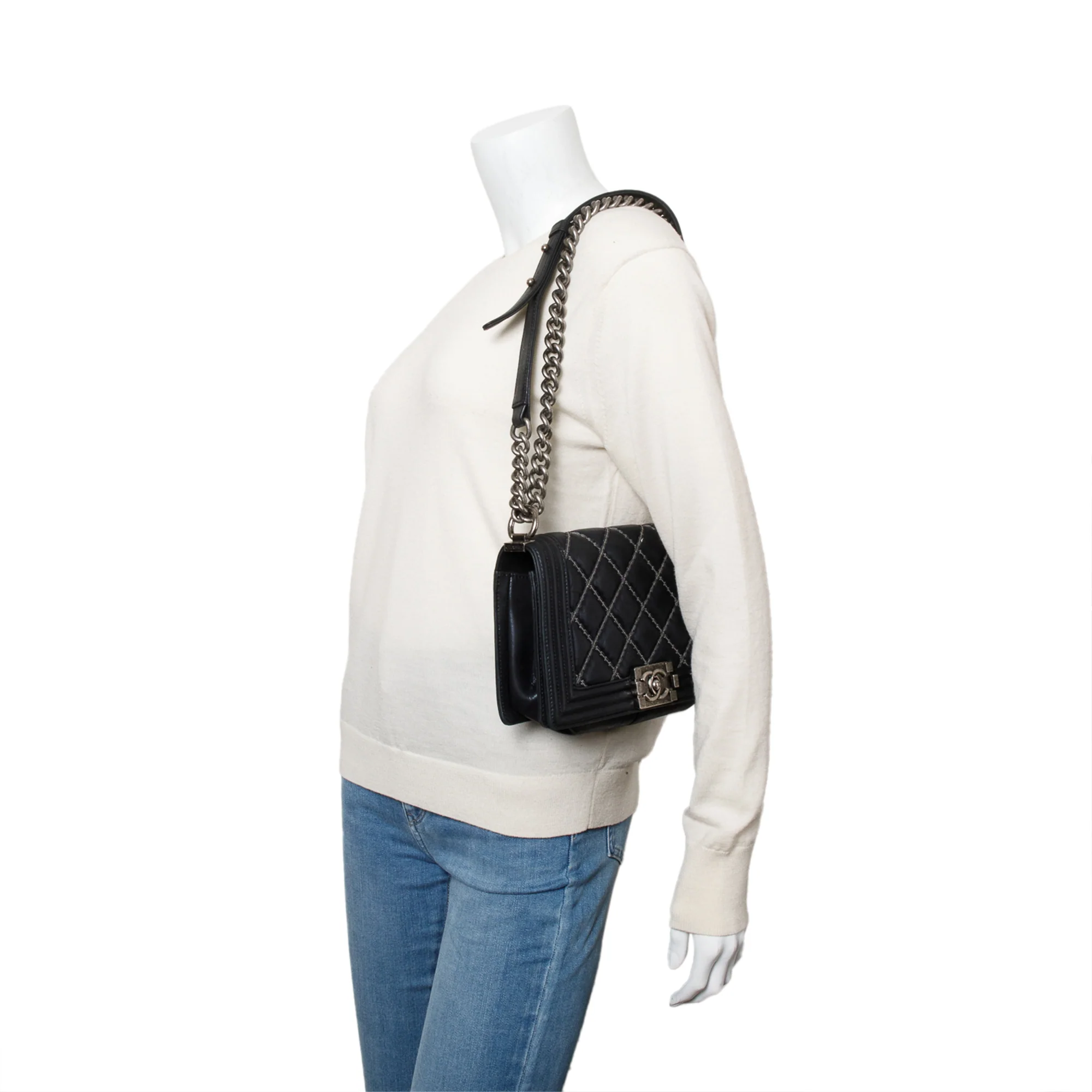 Chanel Black Quilted Iridescent Calfskin Leather Medium Beaded Double Stitch Boy Bag - Image 2