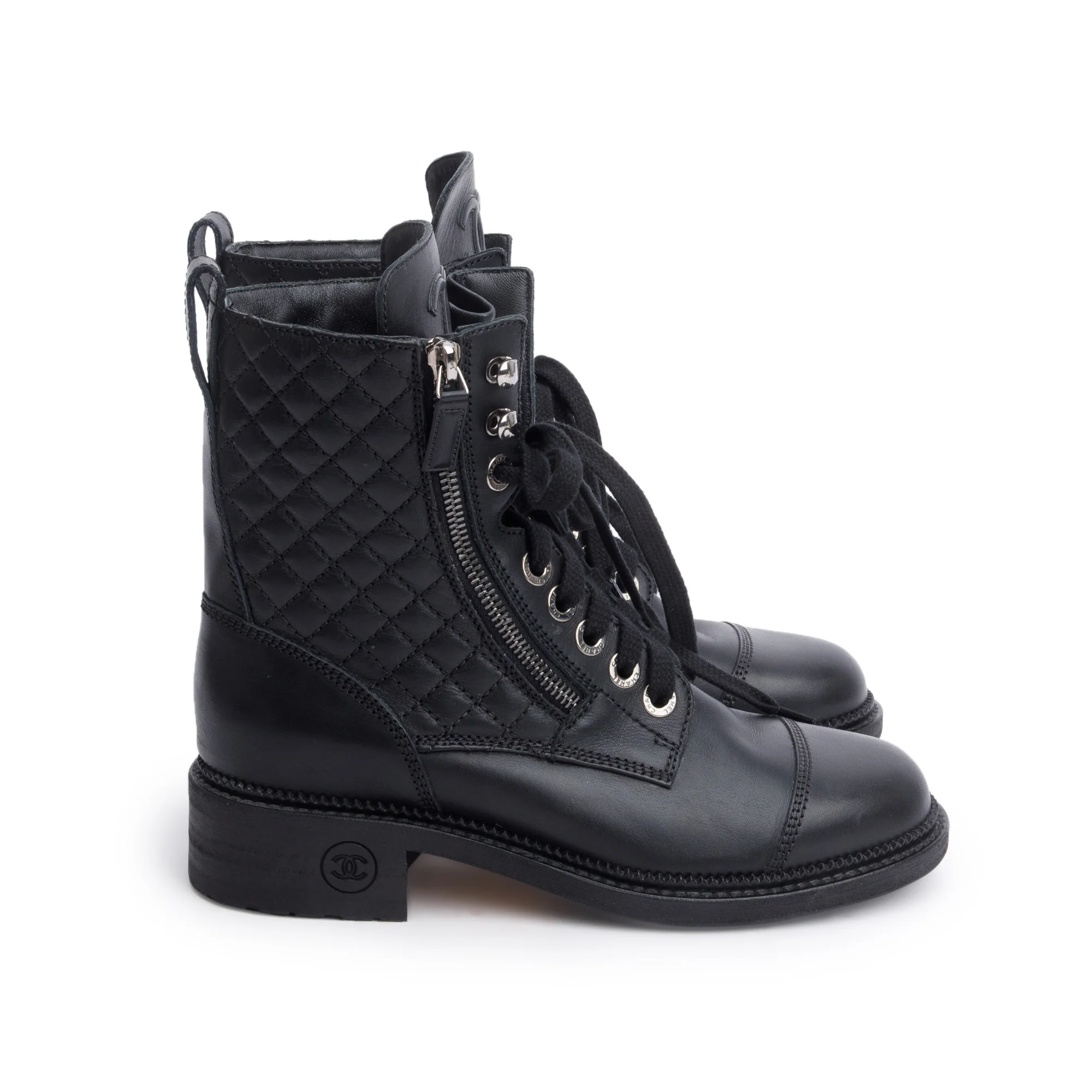 Chanel Black Quilted Leather Interlocking CC Logo Combat Boots, Size 37 - Image 2