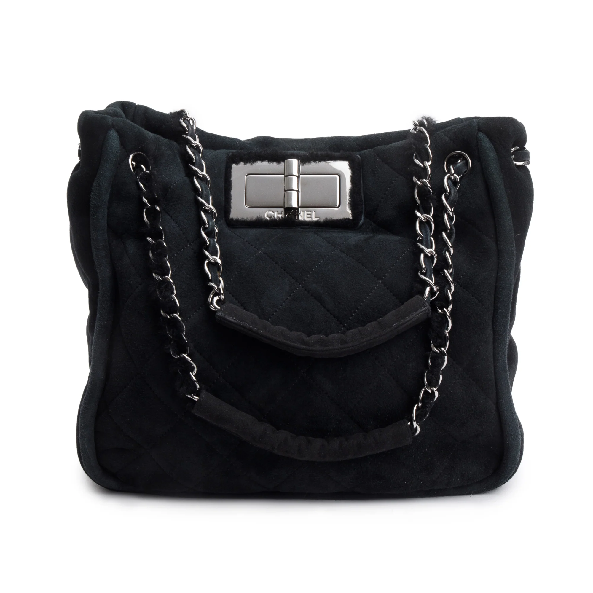 Chanel Black Quilted Nubuck Shearling Medium Reissue Tote