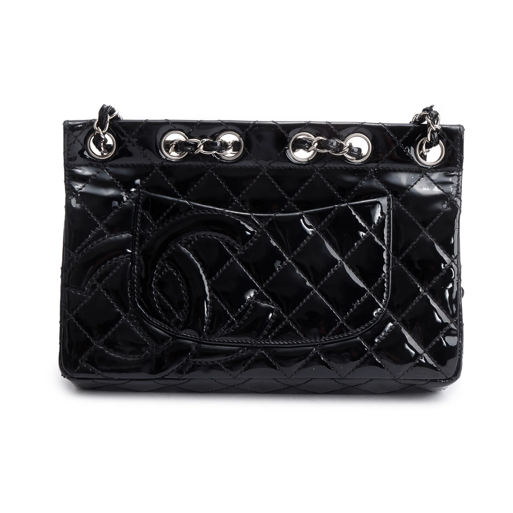 Chanel Black Quilted Patent Leather Chain Through Flap Bag w/ Authenticity Card - Image 5