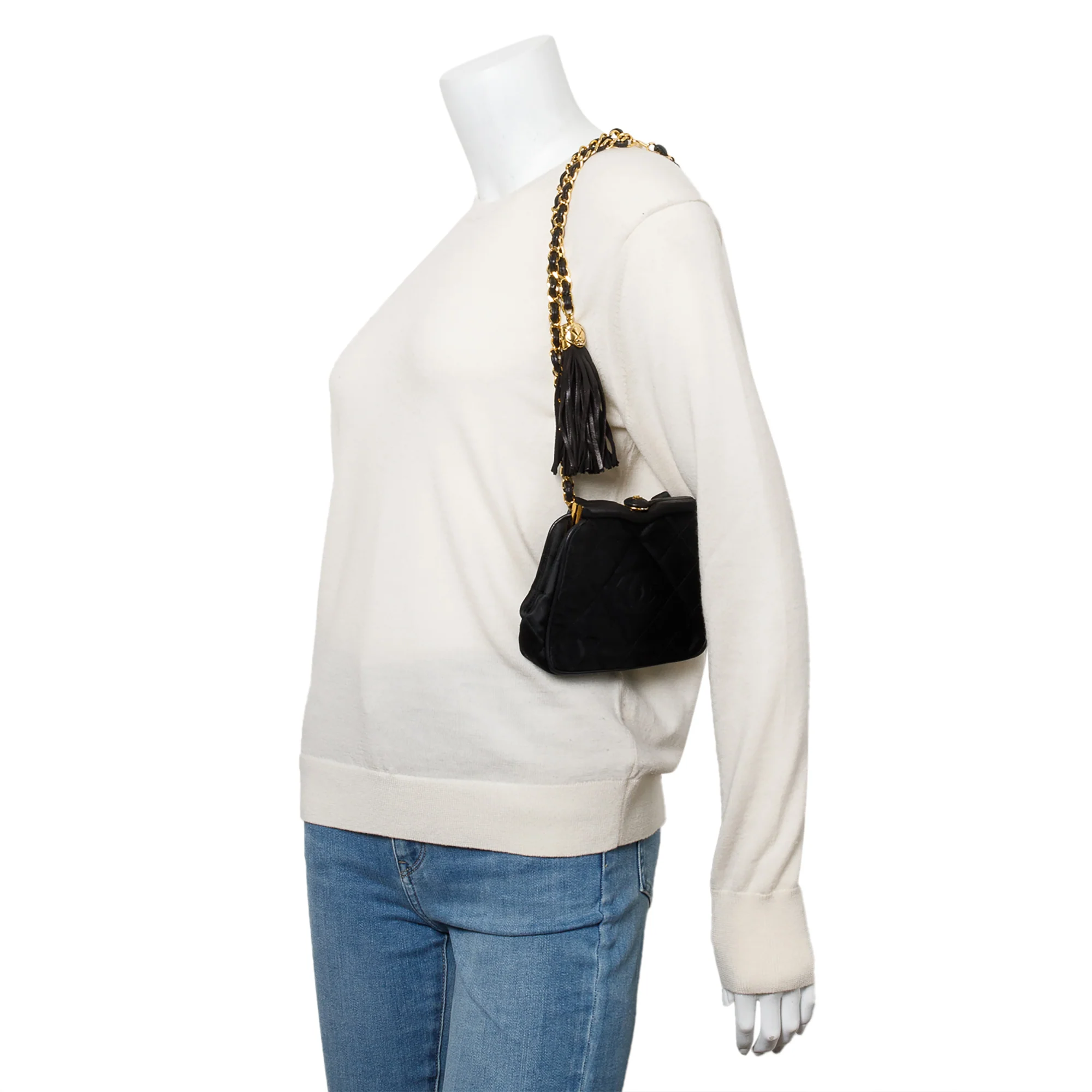 Chanel Black Quilted Satin Tassel CC Timeless Frame Shoulder Bag/Waist Bag - Image 2